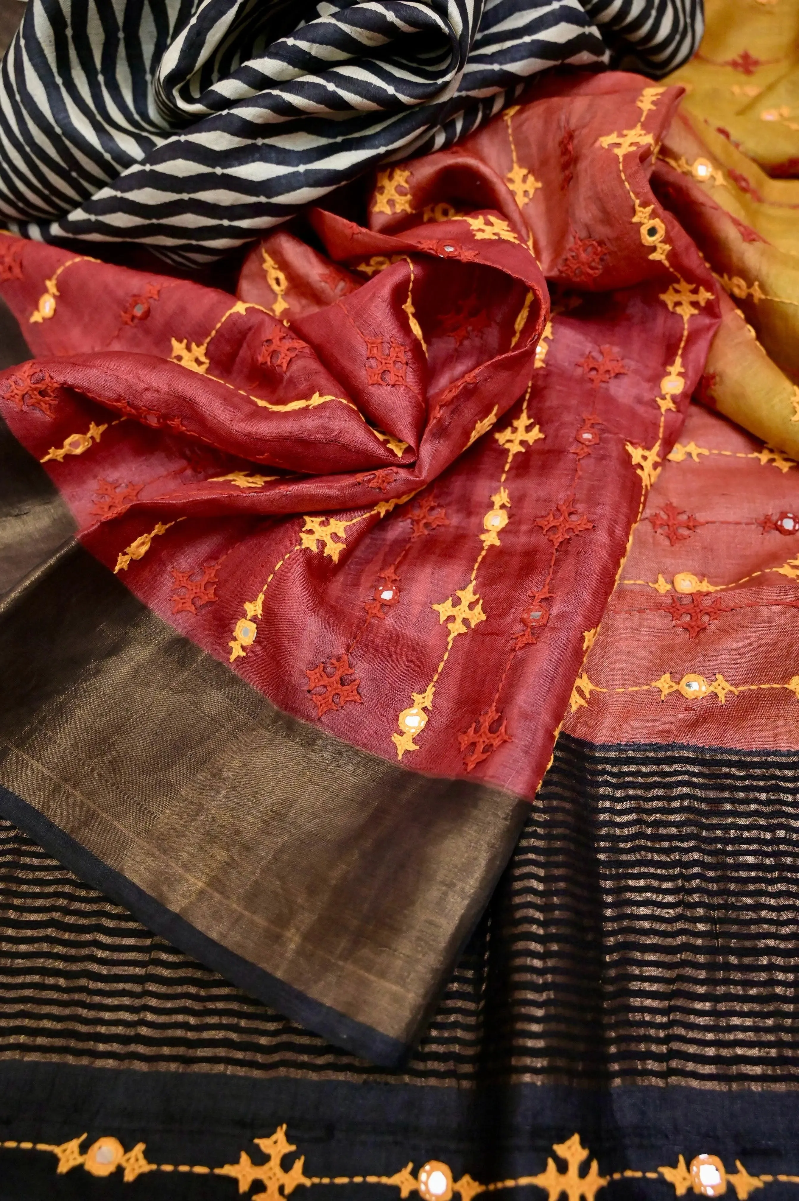 Multicolor Tussar Silk with Zari Border with Hand Block Printing and Hand Embroidery Work