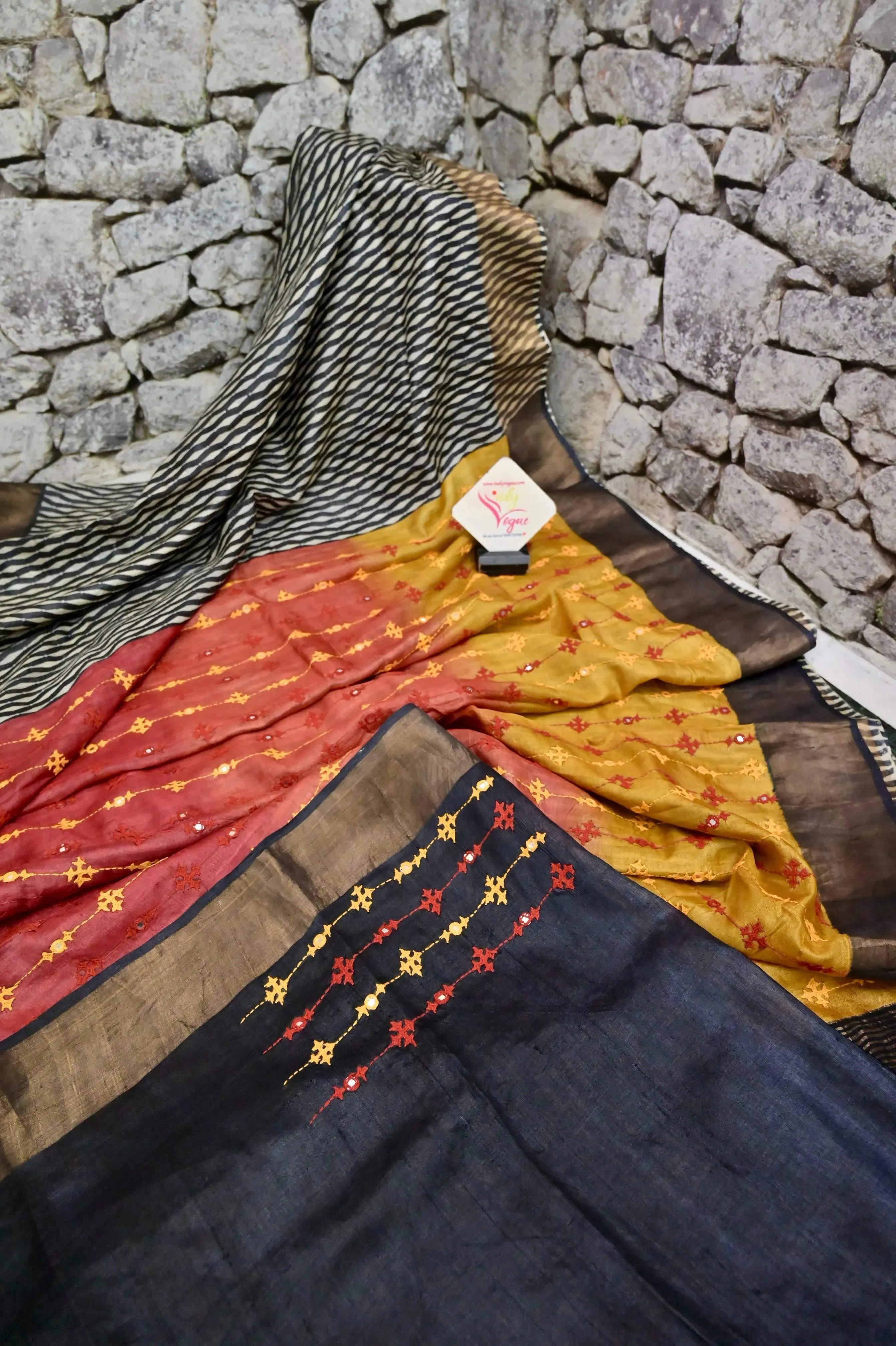 Multicolor Tussar Silk with Zari Border with Hand Block Printing and Hand Embroidery Work