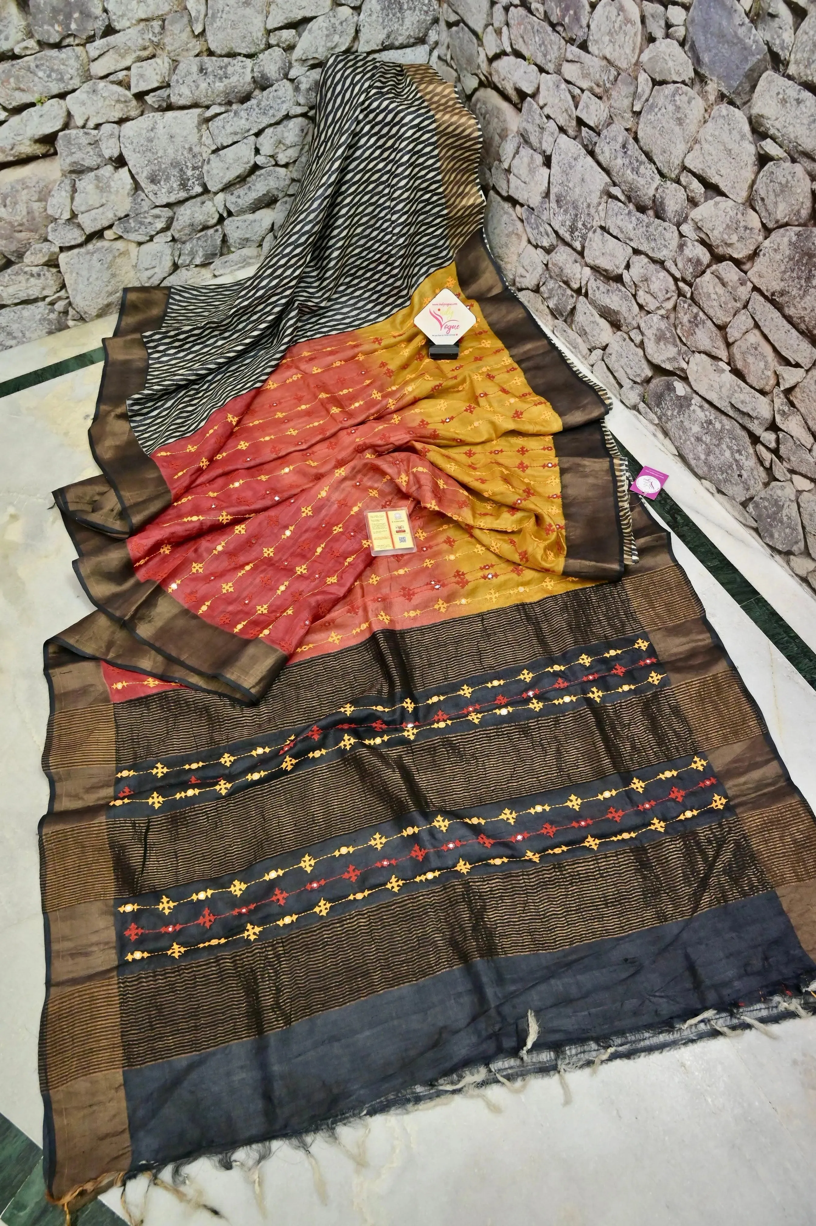 Multicolor Tussar Silk with Zari Border with Hand Block Printing and Hand Embroidery Work