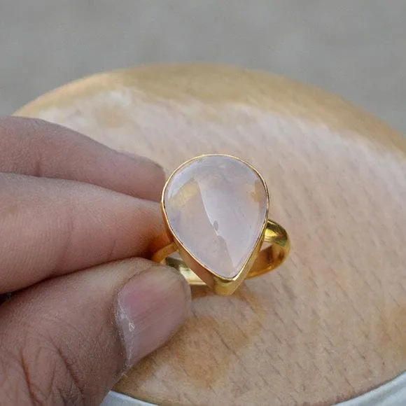 Natural Rose Quartz Sterling Silver Yellow Gold Finished Gift Ring, Birthstone Ring, Rose Quartz Jewelry, Nickel Free