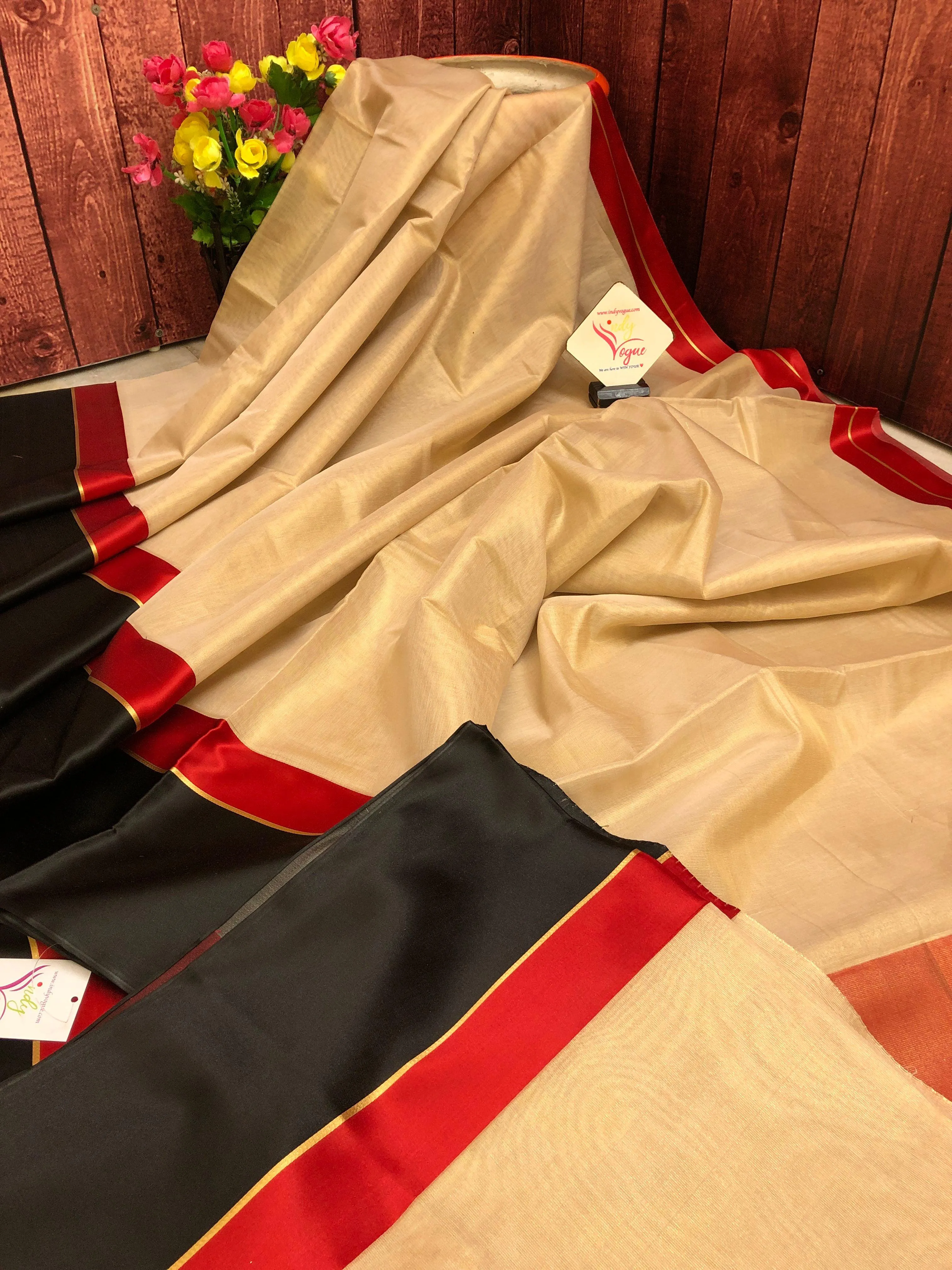 Natural Sand and Black Color Tissue Silk with Satin Border