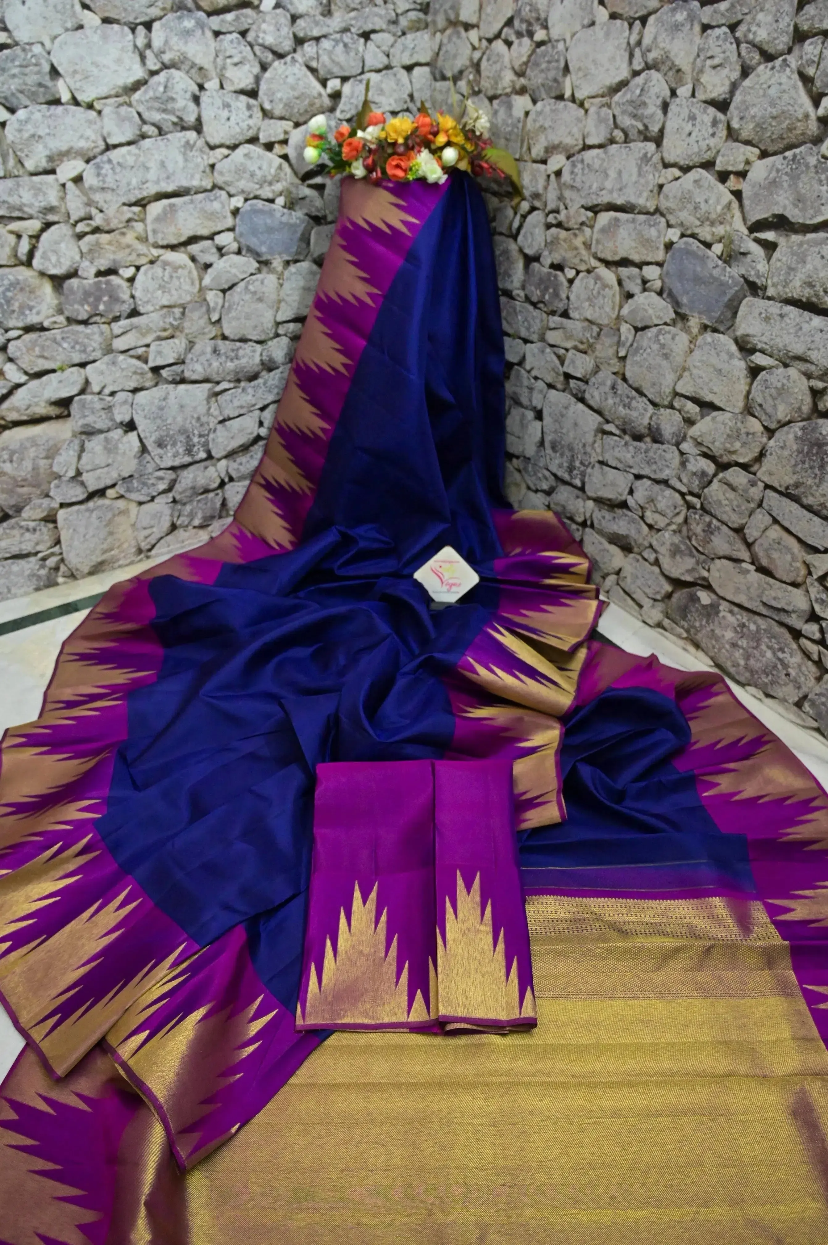 Navy Blue and Purple Color Pure Kanjeevaram Silk Saree with Temple Border