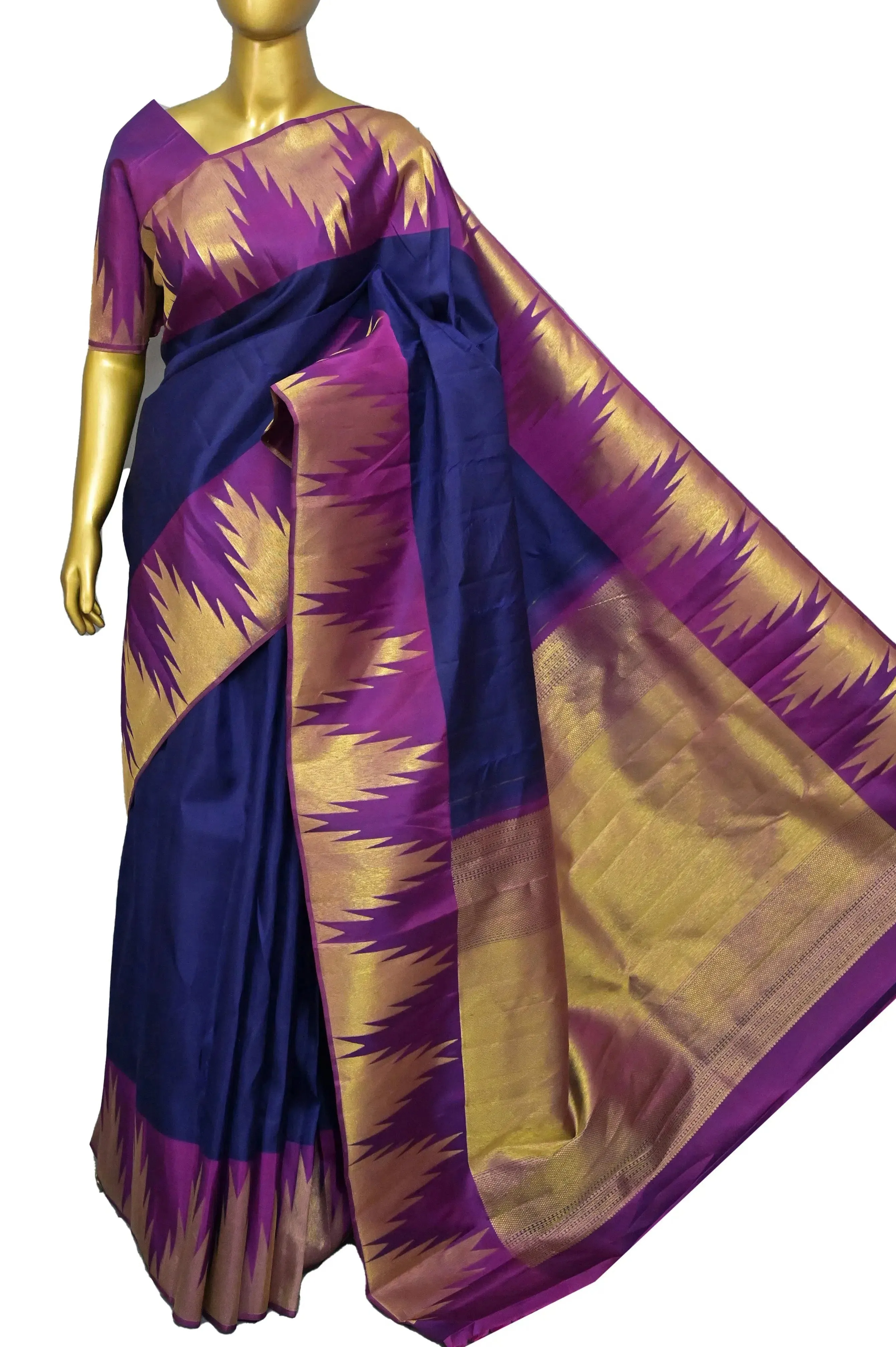 Navy Blue and Purple Color Pure Kanjeevaram Silk Saree with Temple Border