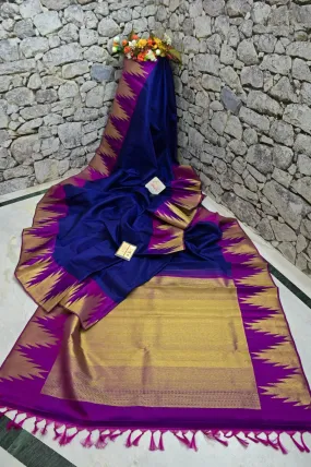 Navy Blue and Purple Color Pure Kanjeevaram Silk Saree with Temple Border