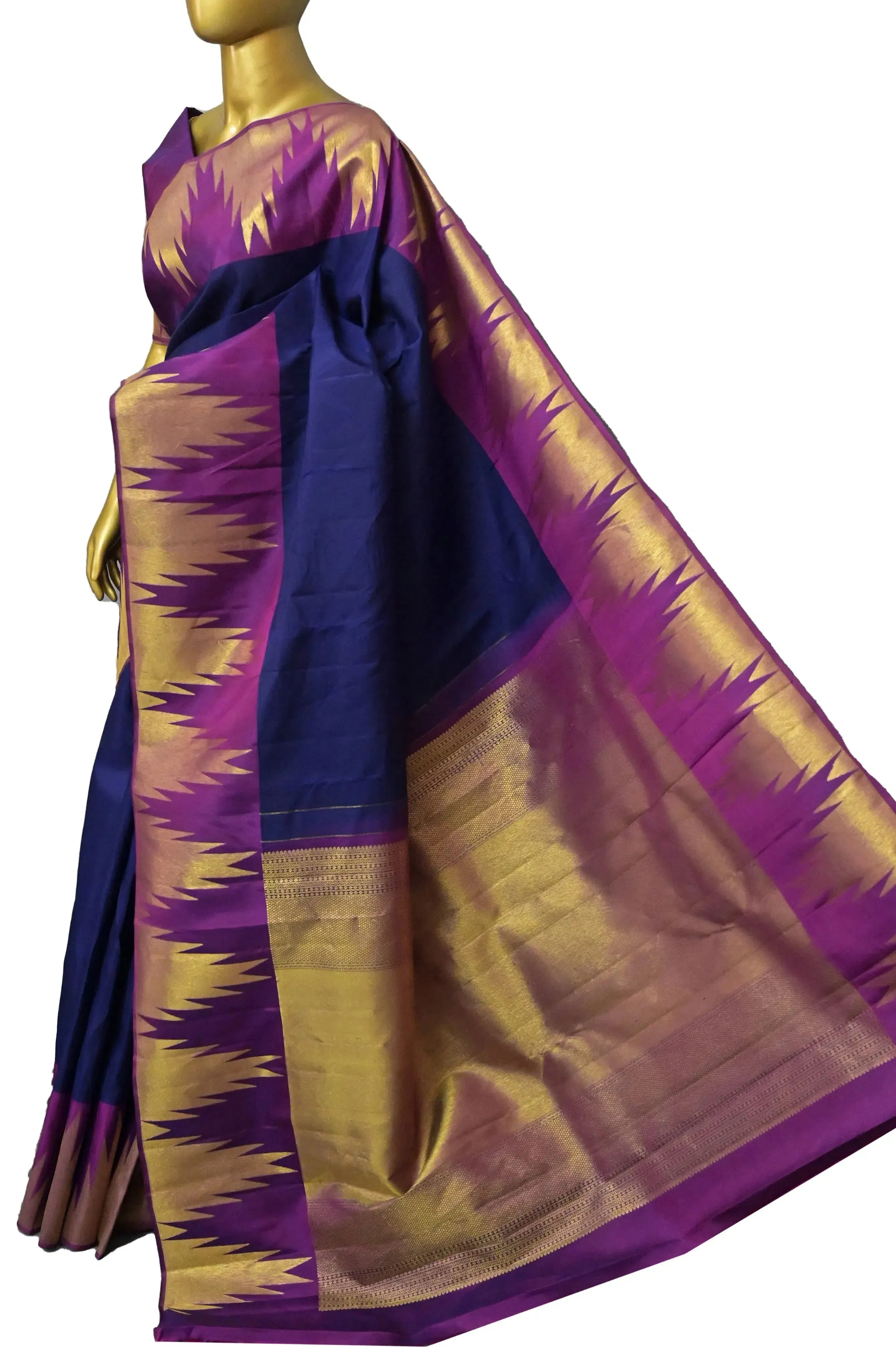 Navy Blue and Purple Color Pure Kanjeevaram Silk Saree with Temple Border