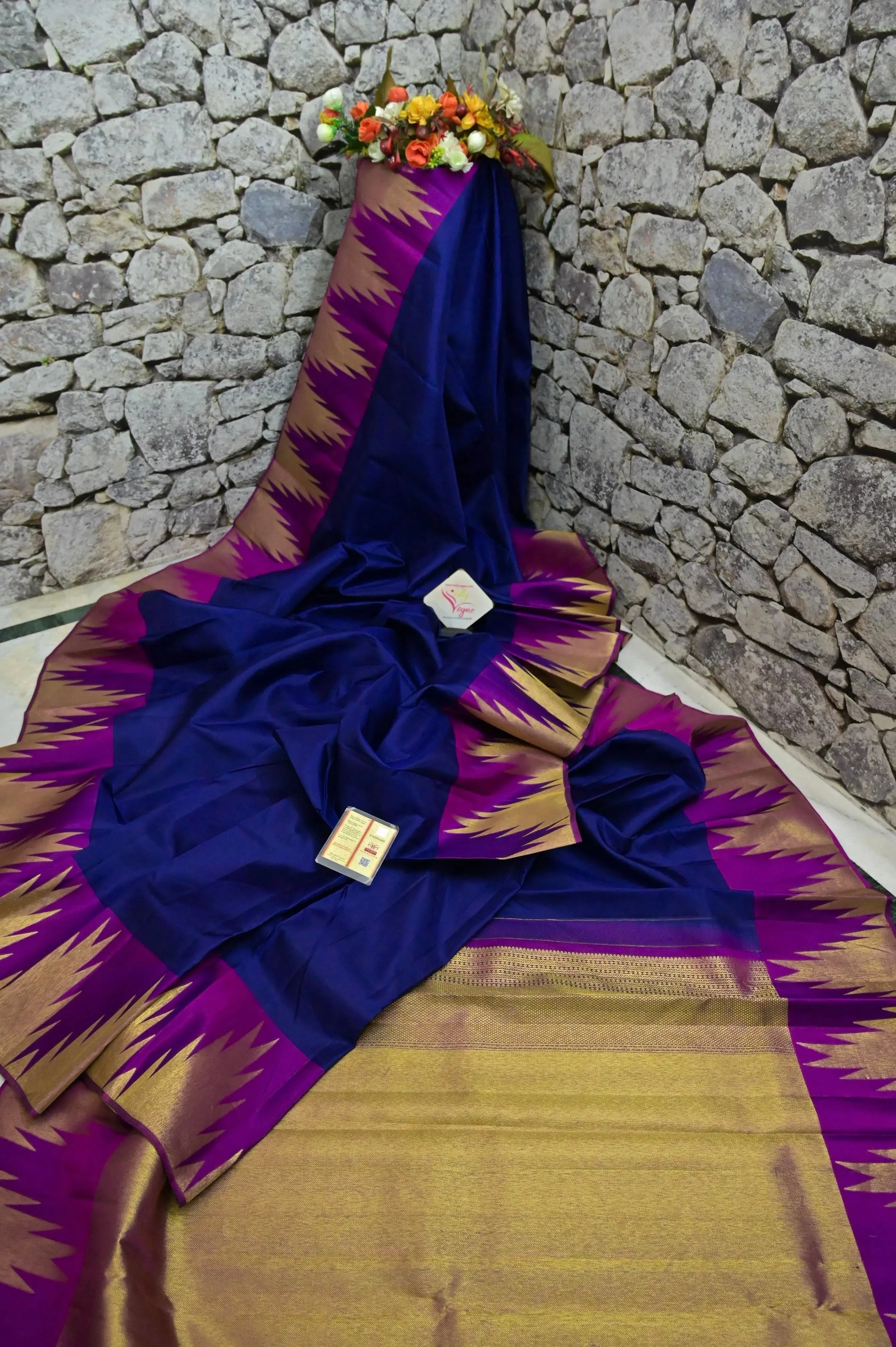 Navy Blue and Purple Color Pure Kanjeevaram Silk Saree with Temple Border