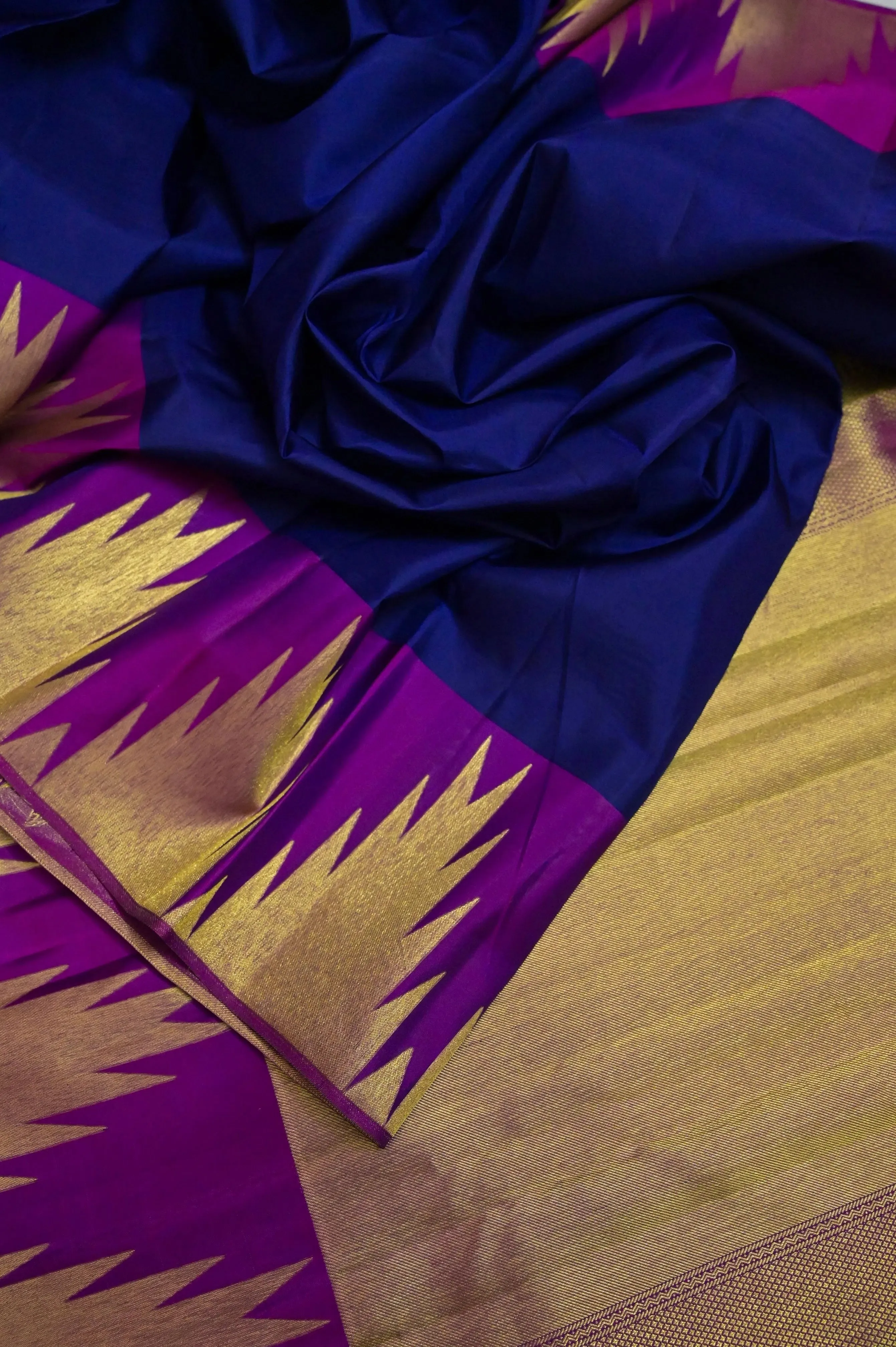 Navy Blue and Purple Color Pure Kanjeevaram Silk Saree with Temple Border