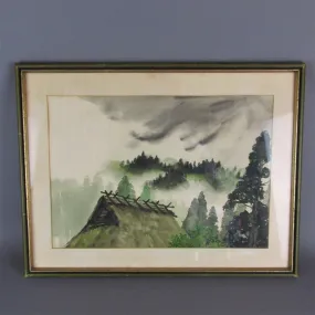 Nordic Fjords Woodland Landscape Watercolour Vintage