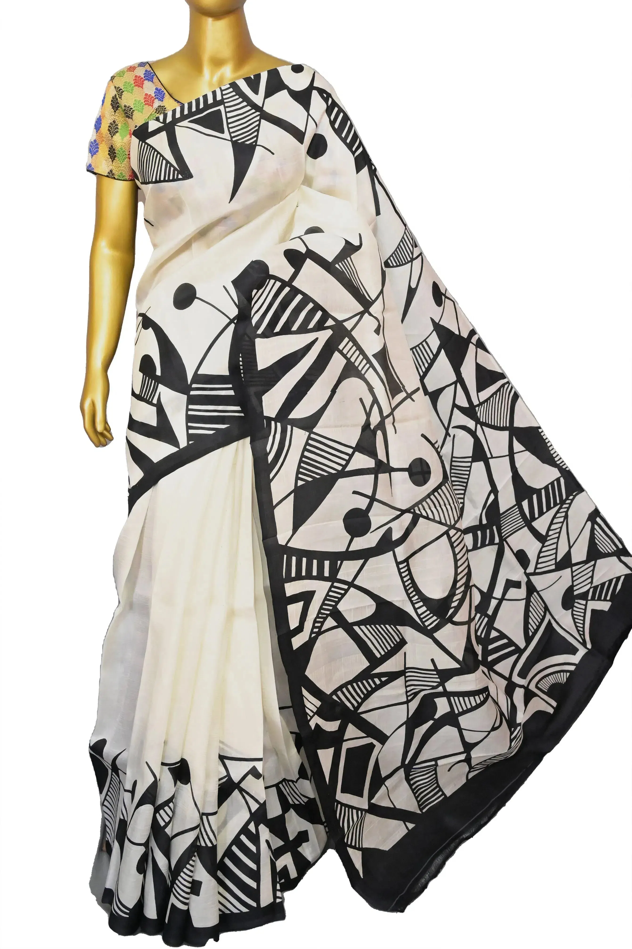 Offwhite and Black Color Pure Bishnupur Silk Saree with Block Print work