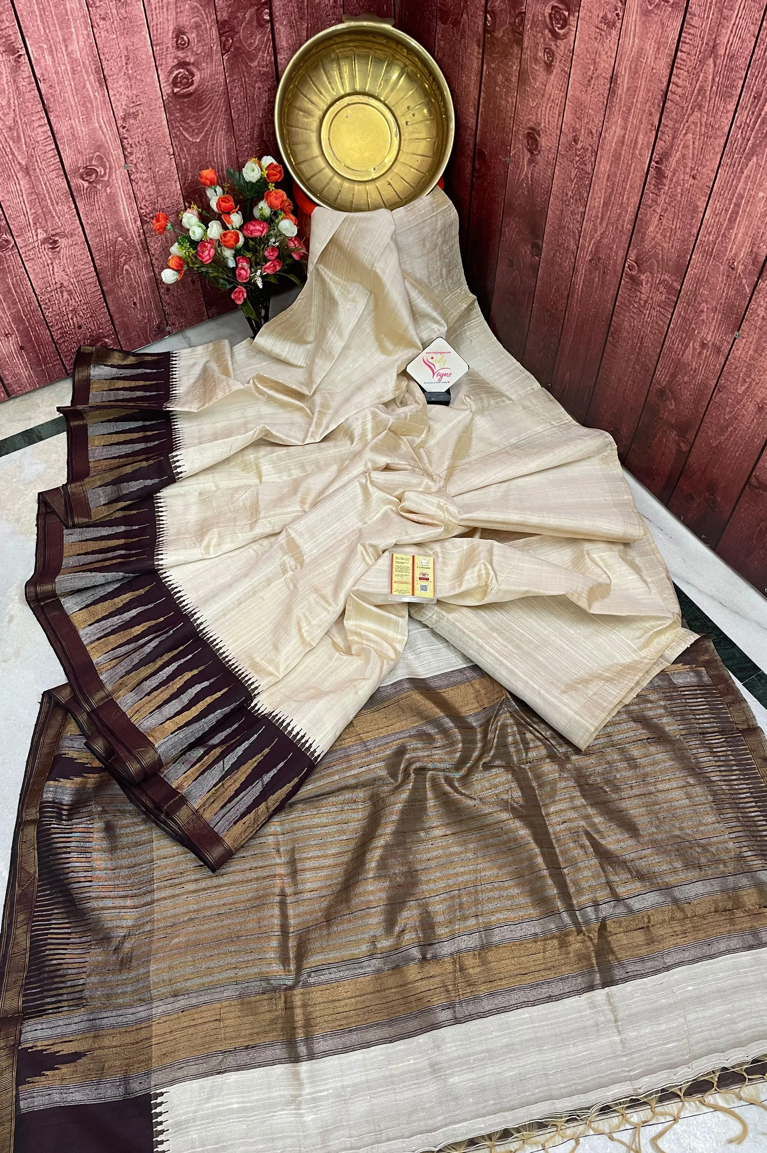 Offwhite and Wine Color Pure Raw Silk Saree with Temple Border