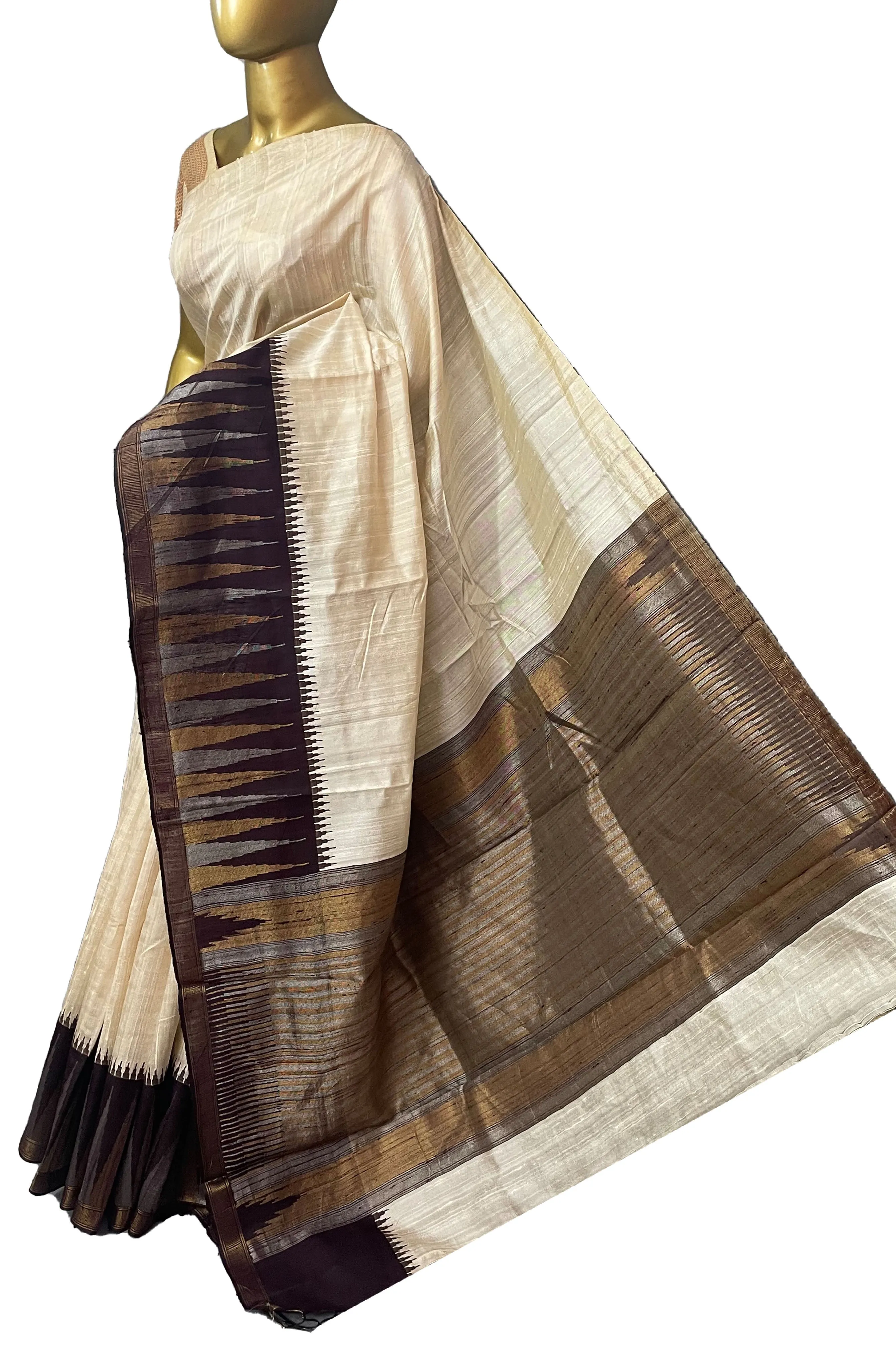 Offwhite and Wine Color Pure Raw Silk Saree with Temple Border