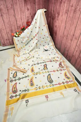 Offwhite Color Kerala Cotton Saree with Zari Border and Gujarati Hand Embroidery