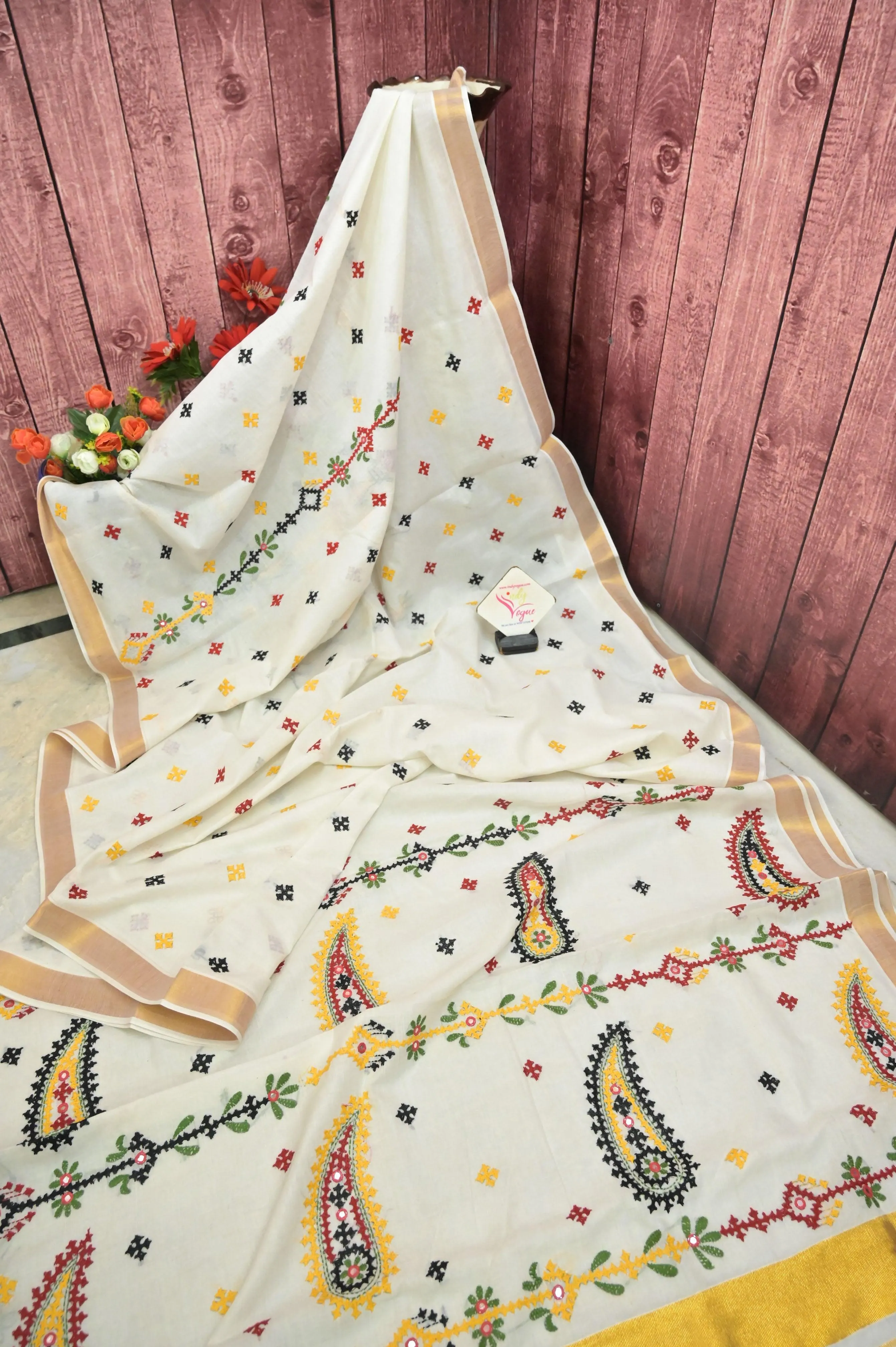 Offwhite Color Kerala Cotton Saree with Zari Border and Gujarati Hand Embroidery