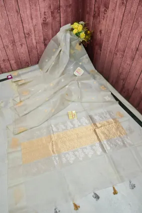 Offwhite Color Organza Banarasi Saree with Golden and Silver Zari Buti Work