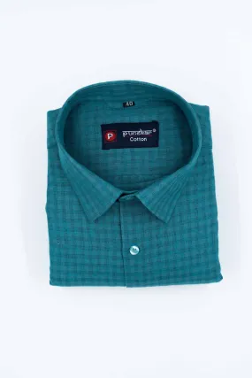 Peacock Color Cotton Self Woven Checks Handmade Shirts For Men's