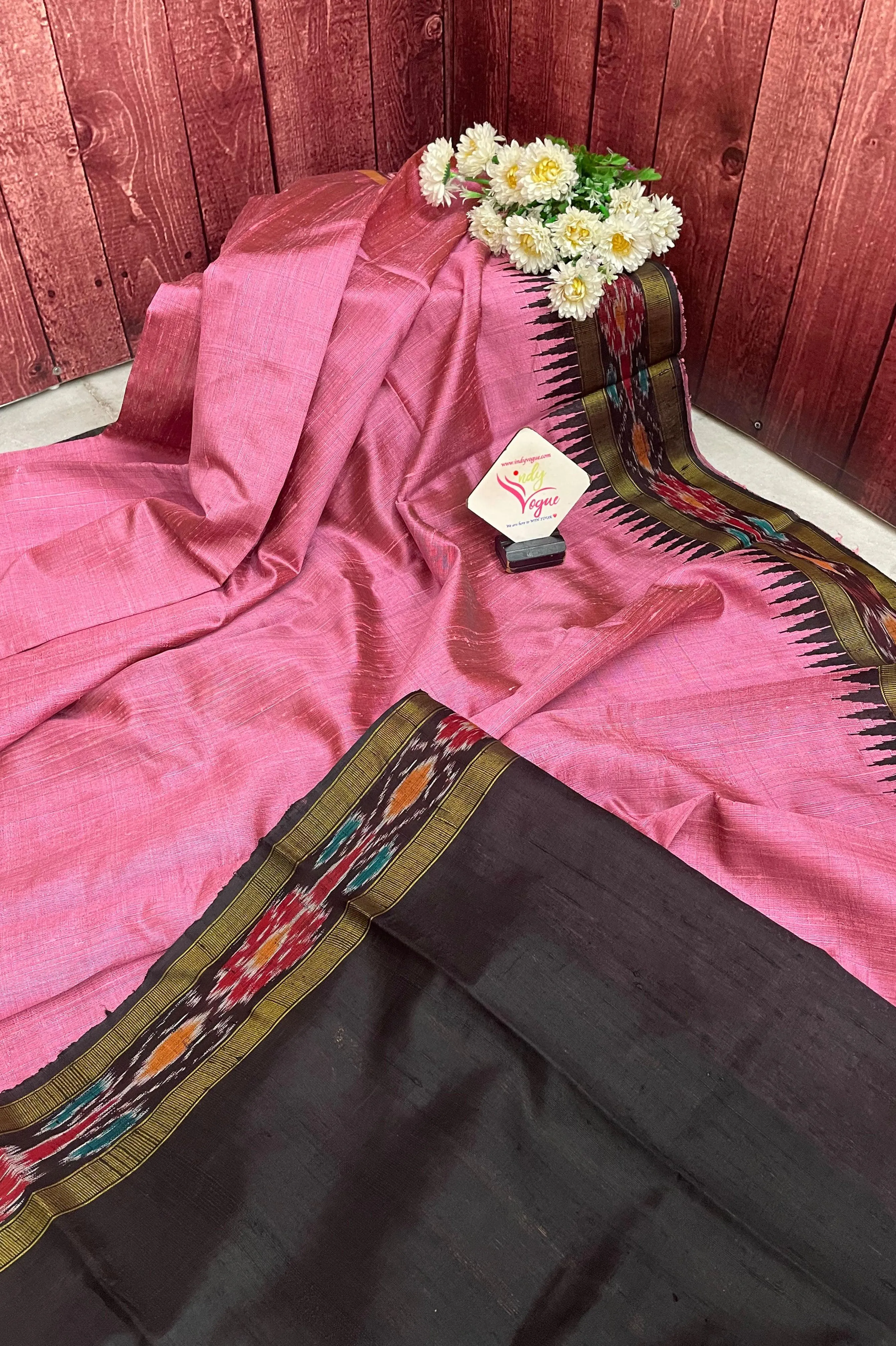 Pink and Black Color Pure Raw Silk Saree with Sambalpuri Border and Pallu