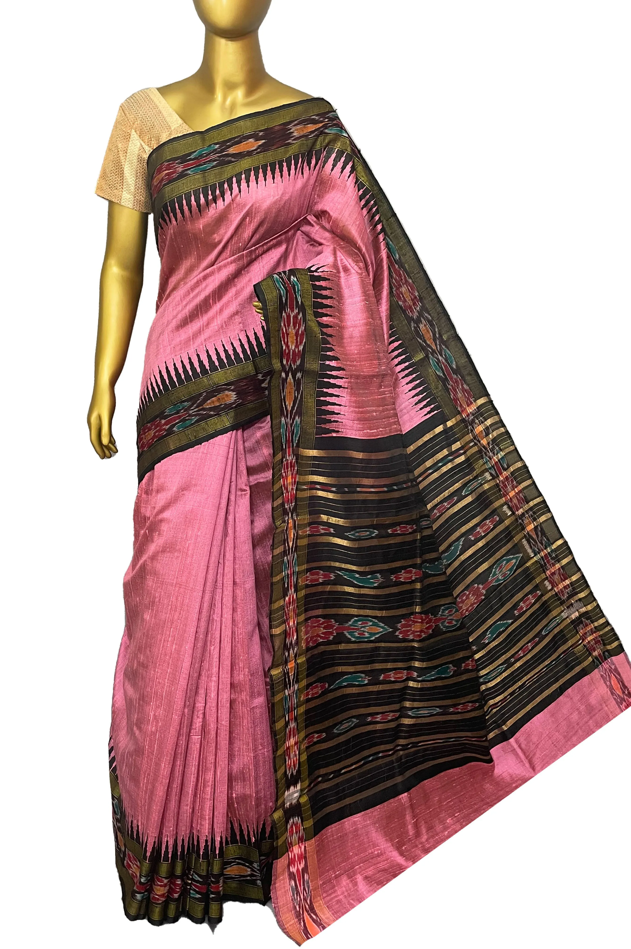 Pink and Black Color Pure Raw Silk Saree with Sambalpuri Border and Pallu