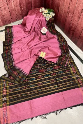 Pink and Black Color Pure Raw Silk Saree with Sambalpuri Border and Pallu