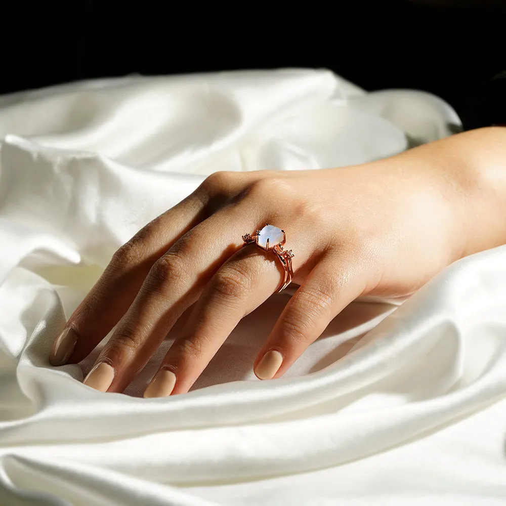 Raw Moonstone And White Sapphire Ring With Winding Bands