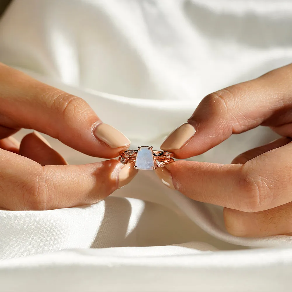 Raw Moonstone And White Sapphire Ring With Winding Bands