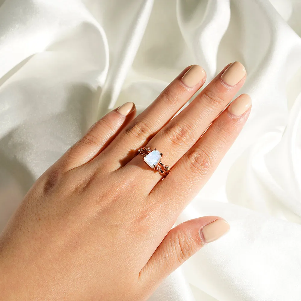 Raw Moonstone And White Sapphire Ring With Winding Bands