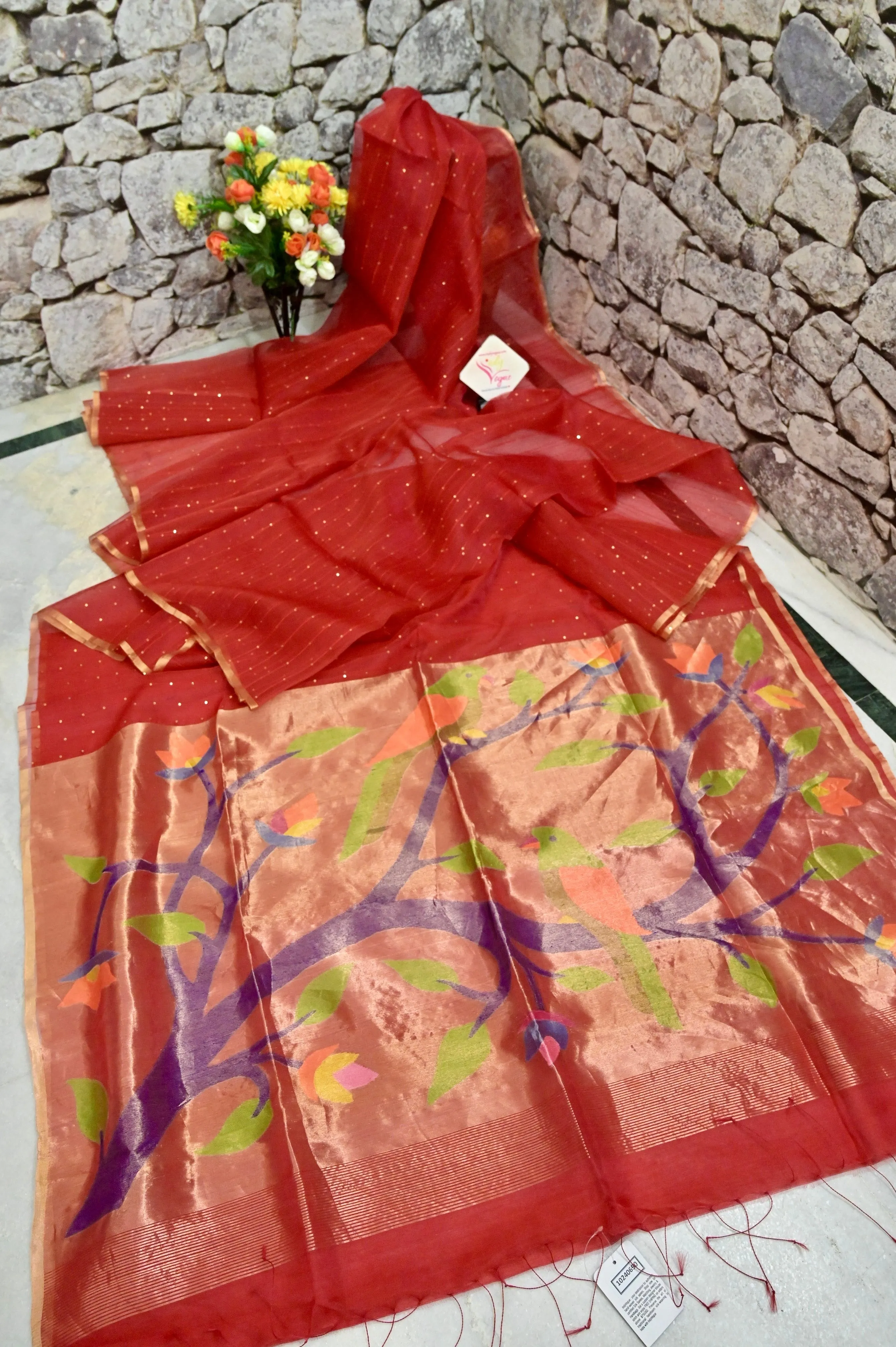 Red Color Muslin Saree with Paithani Pallu and Sequin Work