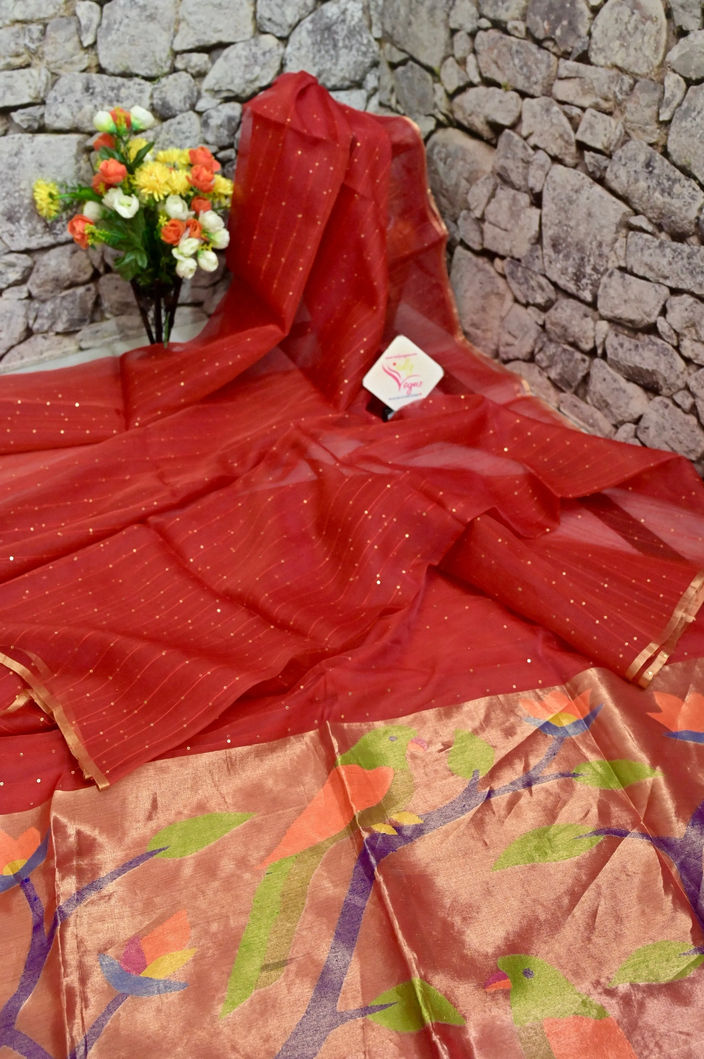 Red Color Muslin Saree with Paithani Pallu and Sequin Work