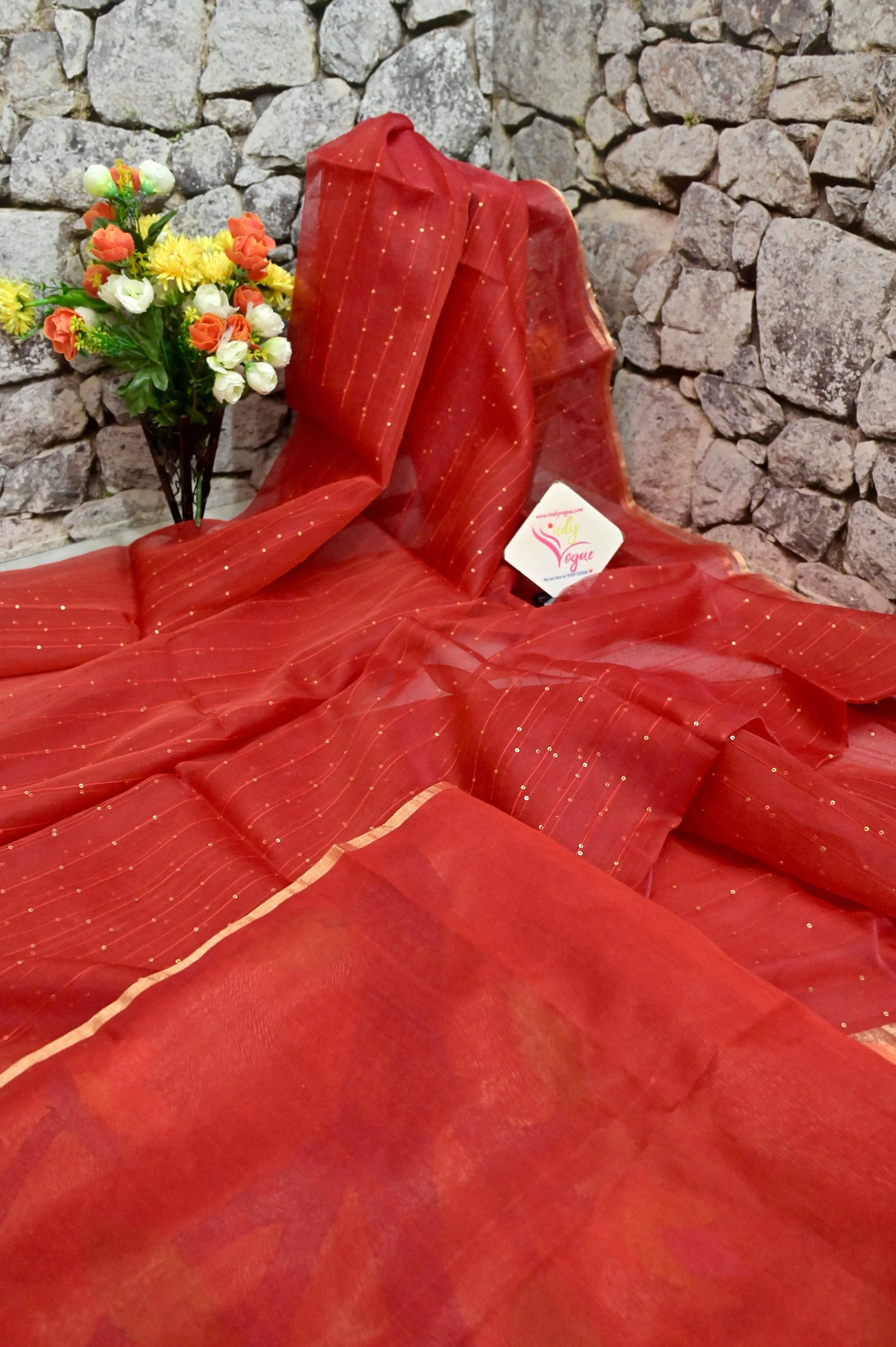 Red Color Muslin Saree with Paithani Pallu and Sequin Work