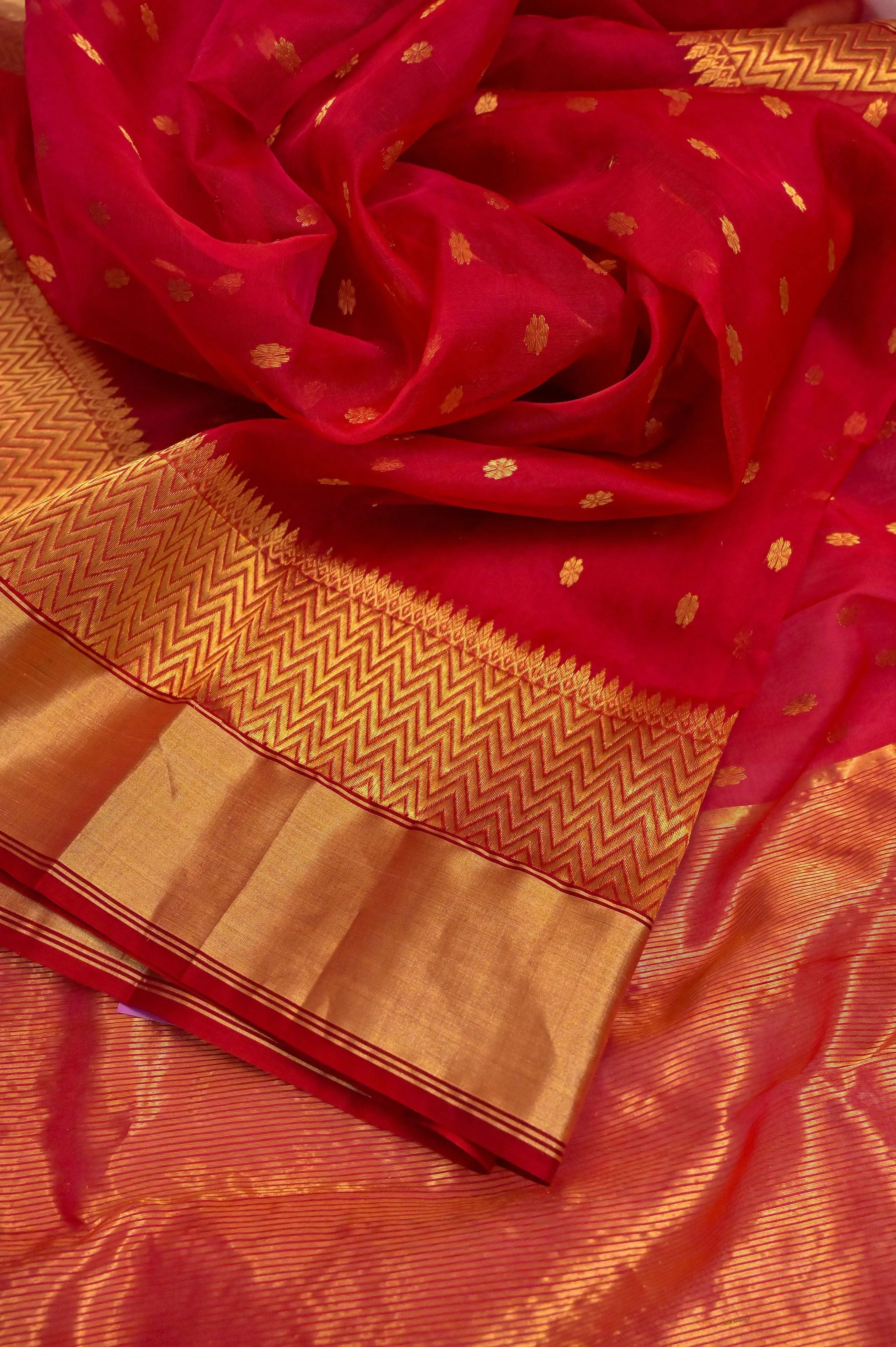 Royal Red Color Chanderi Banarasi Silk Saree with Zari Buti Work