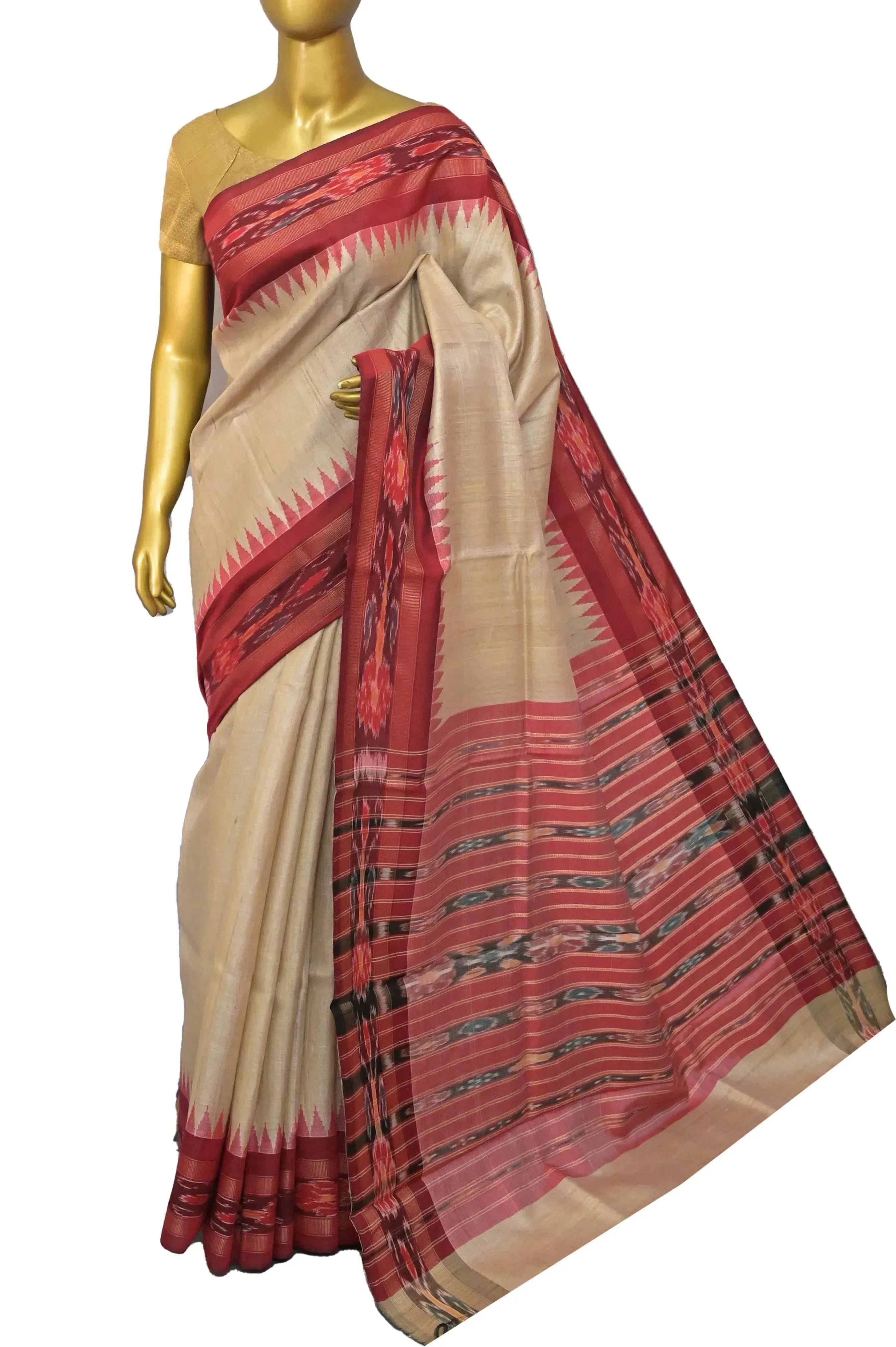 Sandalwood Color Tussar Silk Saree with Sambalpuri Border and Sambalpuri Pallu