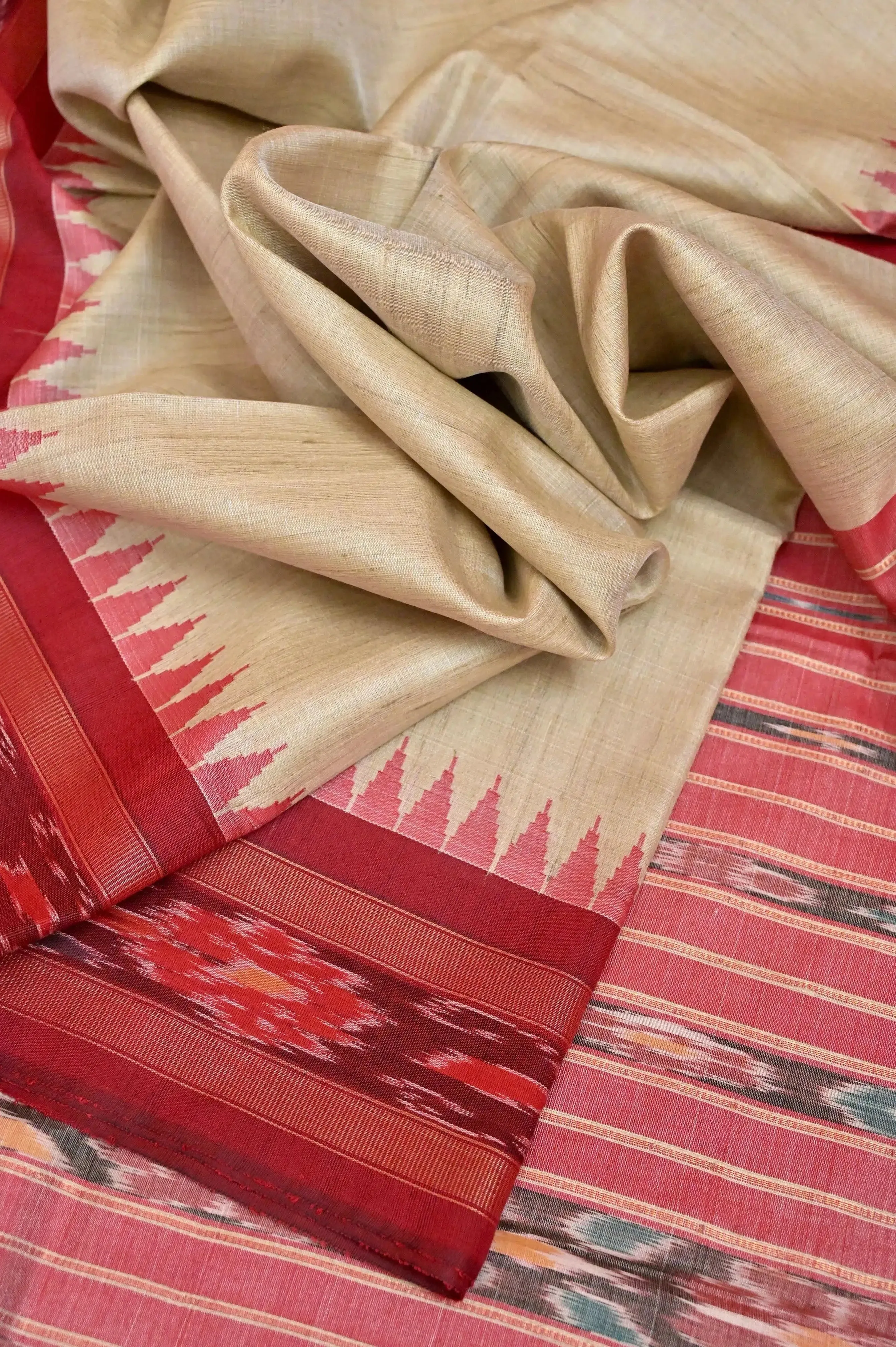 Sandalwood Color Tussar Silk Saree with Sambalpuri Border and Sambalpuri Pallu