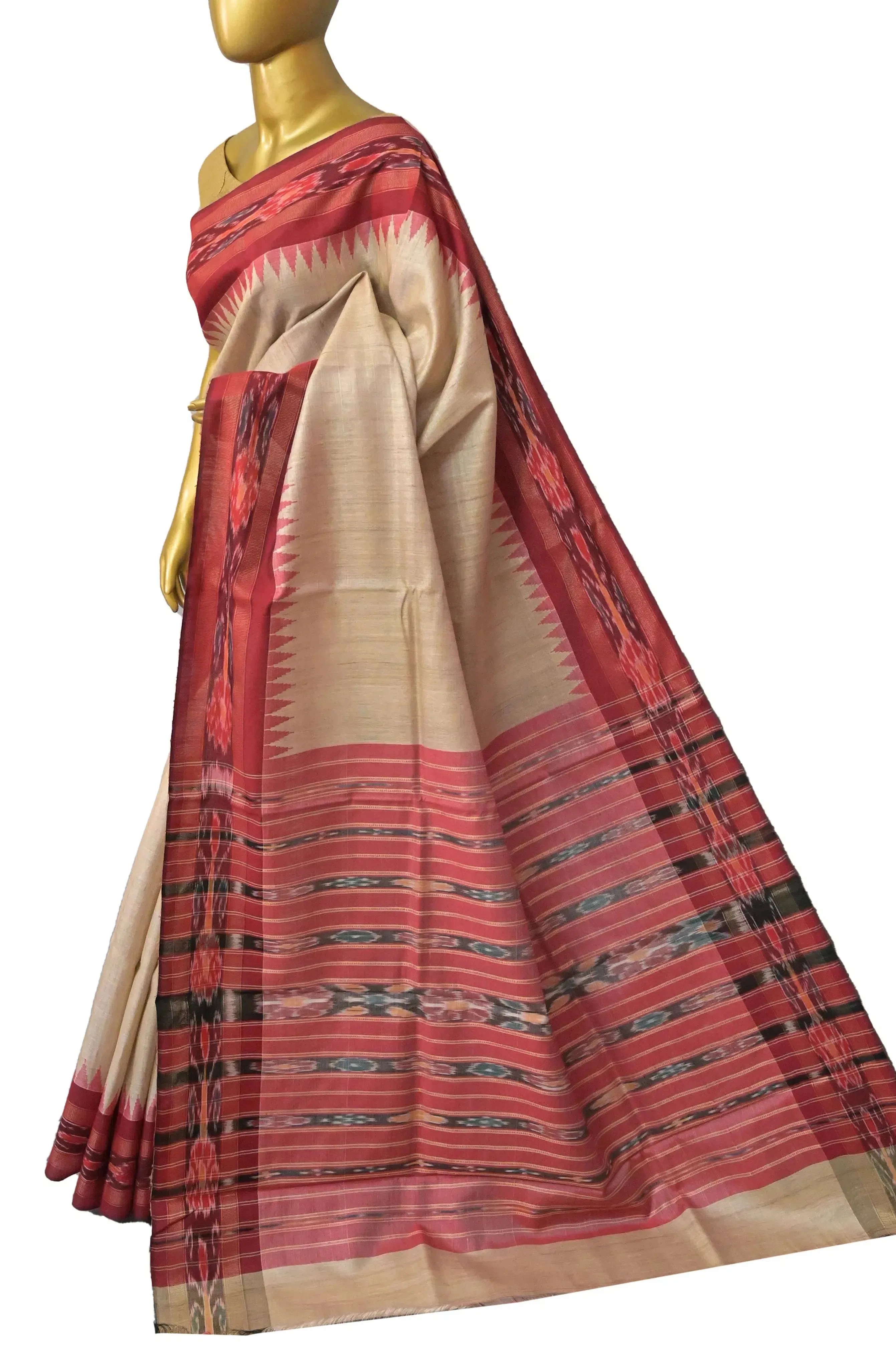 Sandalwood Color Tussar Silk Saree with Sambalpuri Border and Sambalpuri Pallu