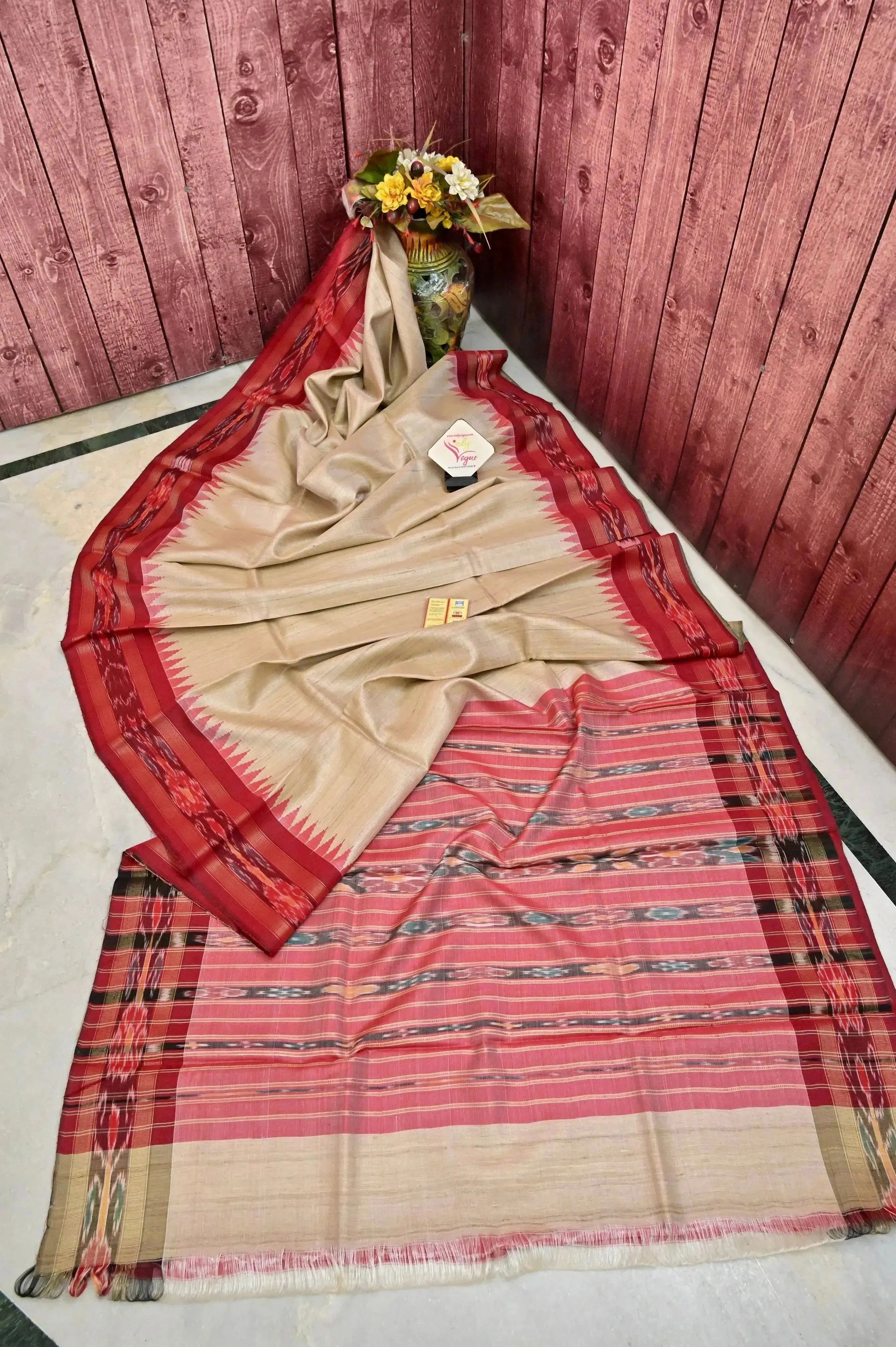 Sandalwood Color Tussar Silk Saree with Sambalpuri Border and Sambalpuri Pallu