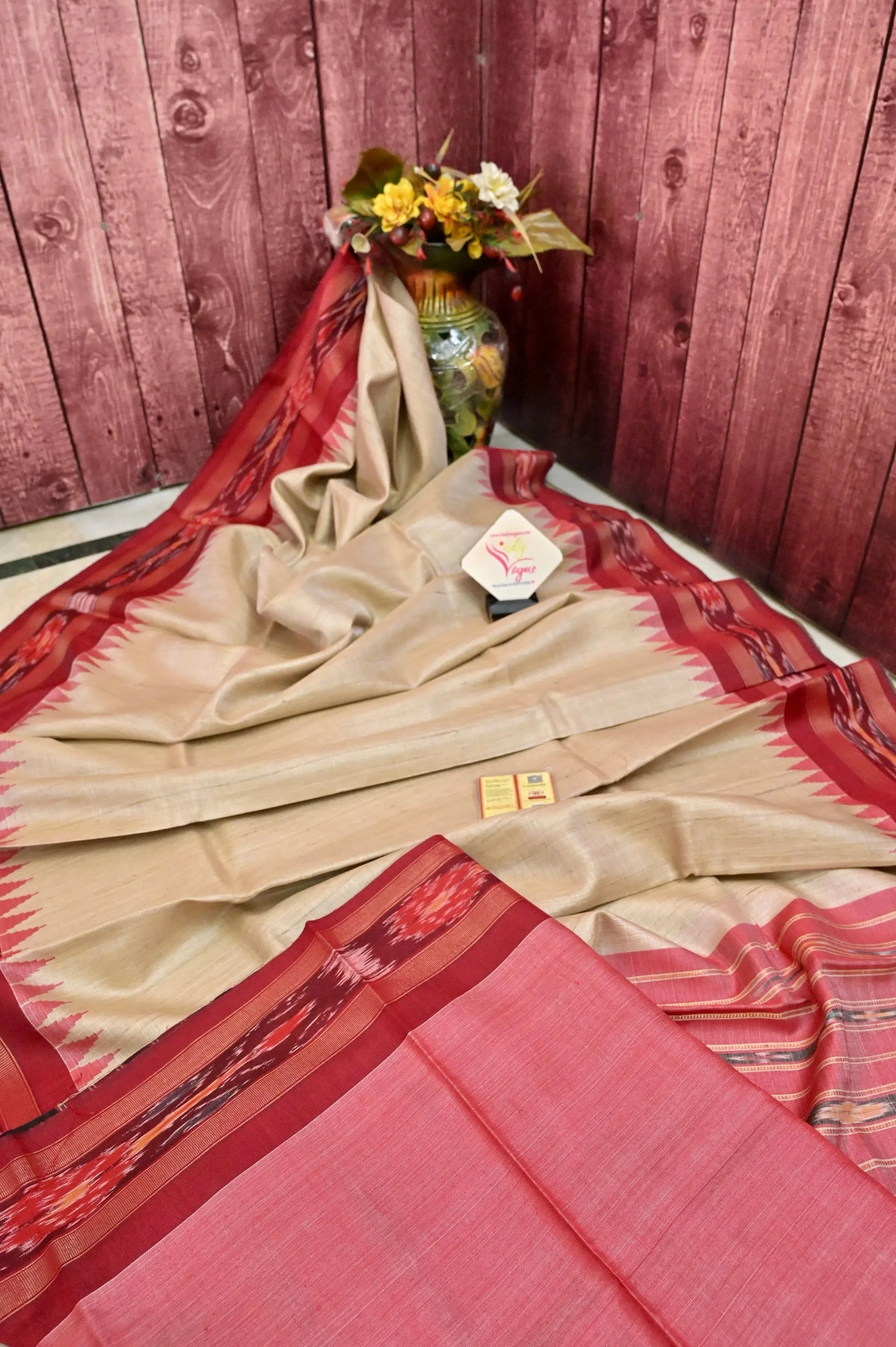 Sandalwood Color Tussar Silk Saree with Sambalpuri Border and Sambalpuri Pallu