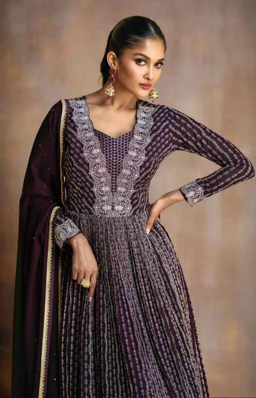 Thread  Embroidered Wine  Anarkali Gown