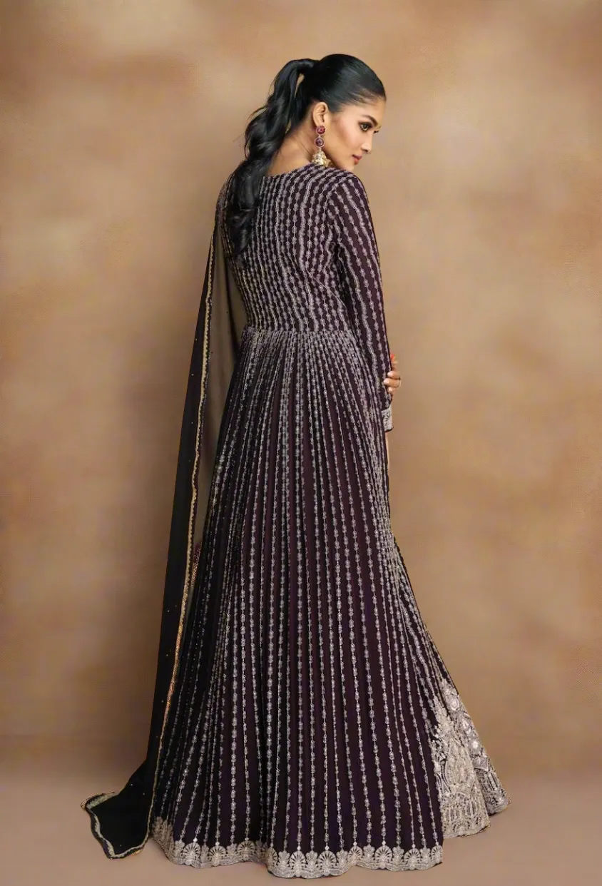 Thread  Embroidered Wine  Anarkali Gown