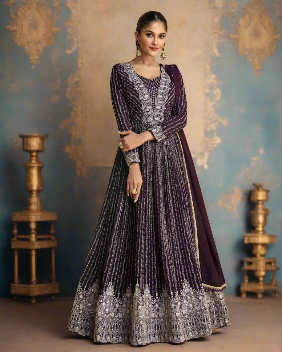 Thread  Embroidered Wine  Anarkali Gown