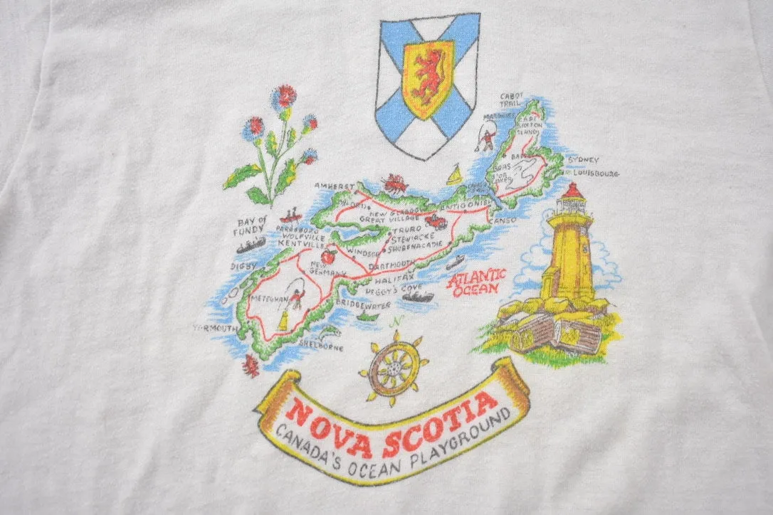 Vintage 1970s Nova Scotia Canadas Ocean Playground Map Souvenir T Shirt / Streetwear / Made In Canada / Vacation Tee / Travel T Shirt