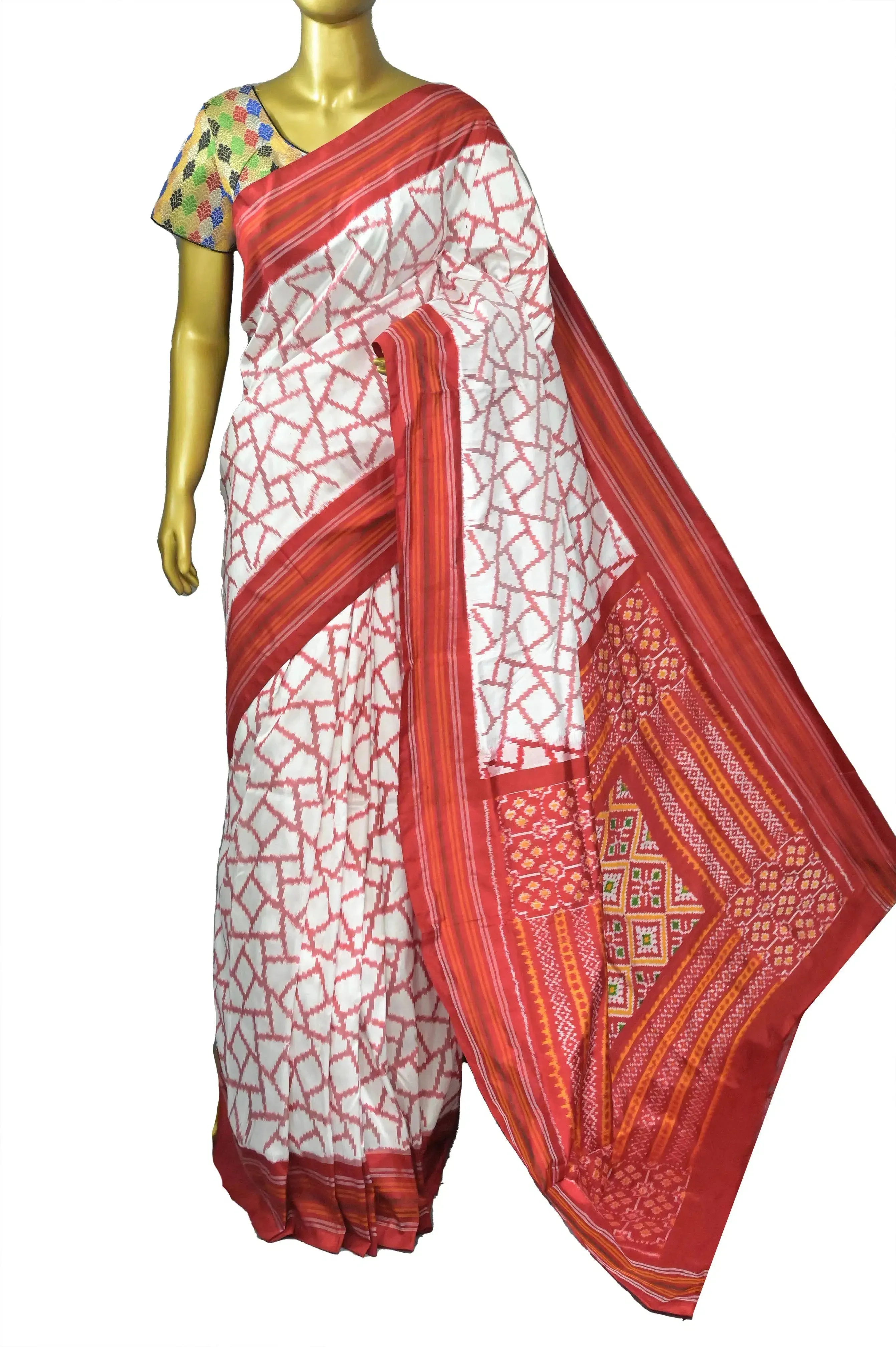 White and Red Color Pure Ikat Silk Saree with Geometric Pattern