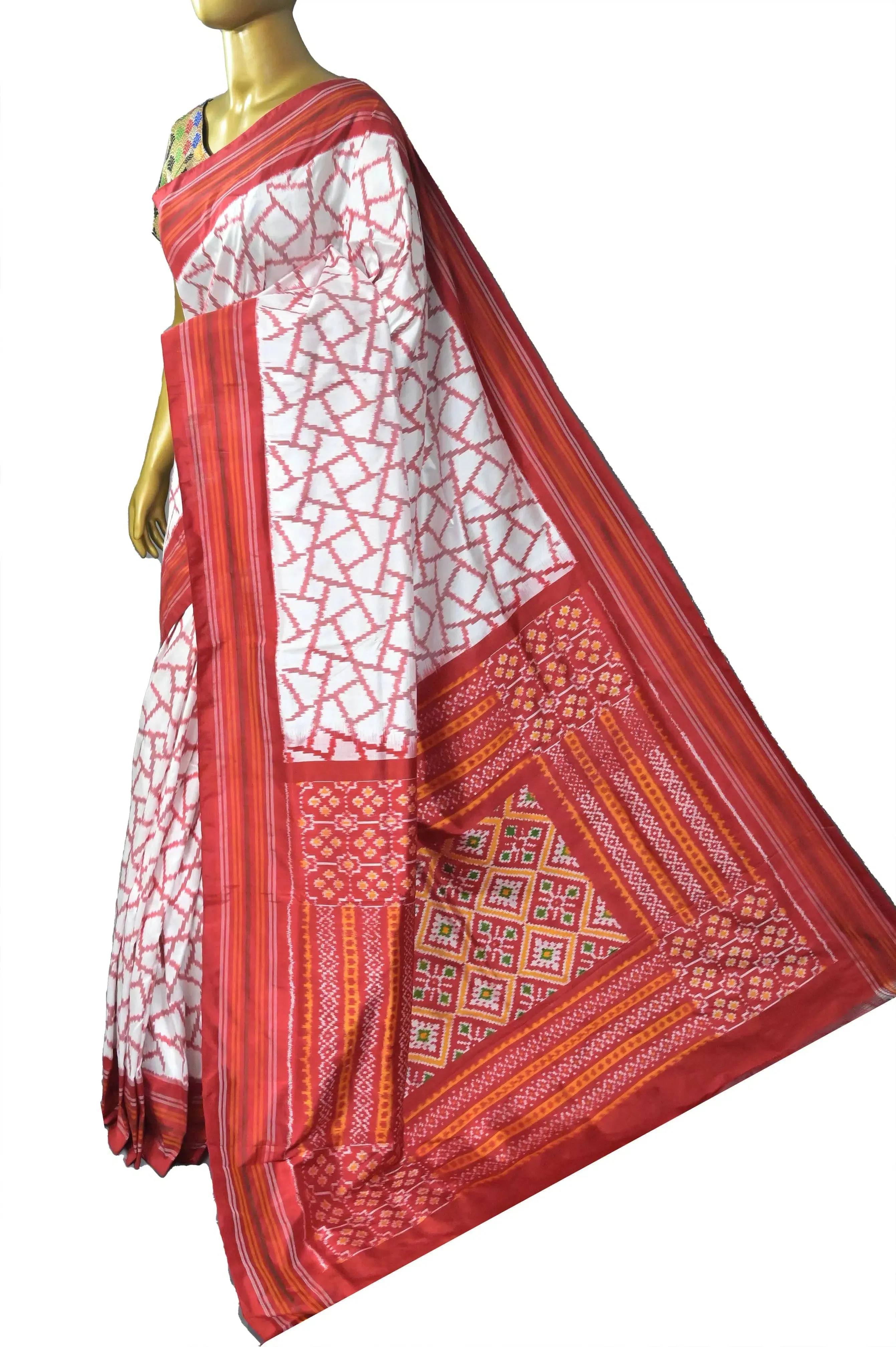 White and Red Color Pure Ikat Silk Saree with Geometric Pattern