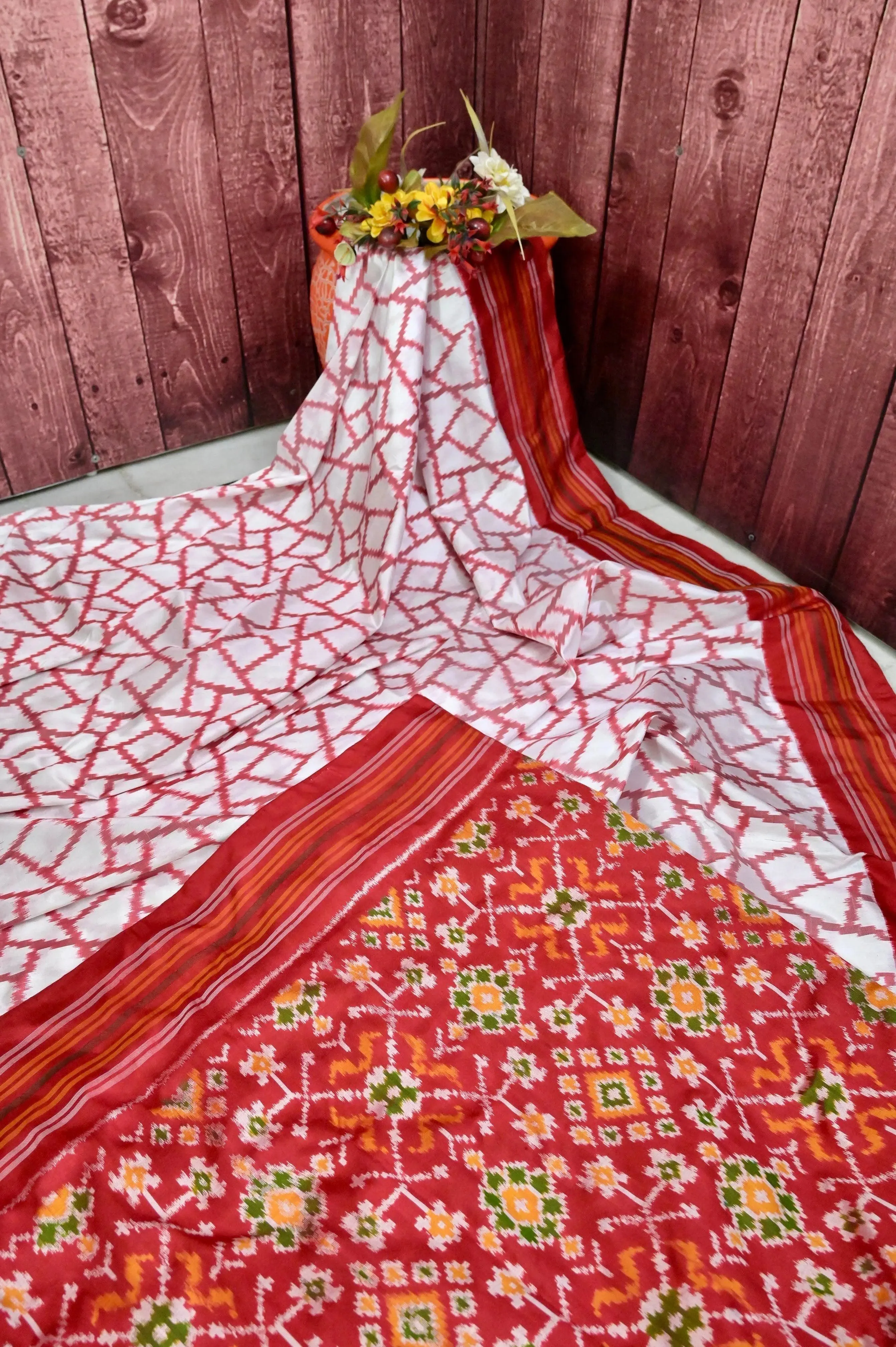 White and Red Color Pure Ikat Silk Saree with Geometric Pattern