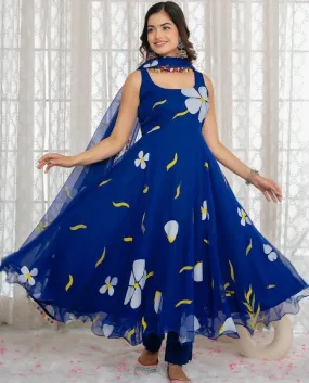 Women's Blue Party wear Gown with Dupatta Suit