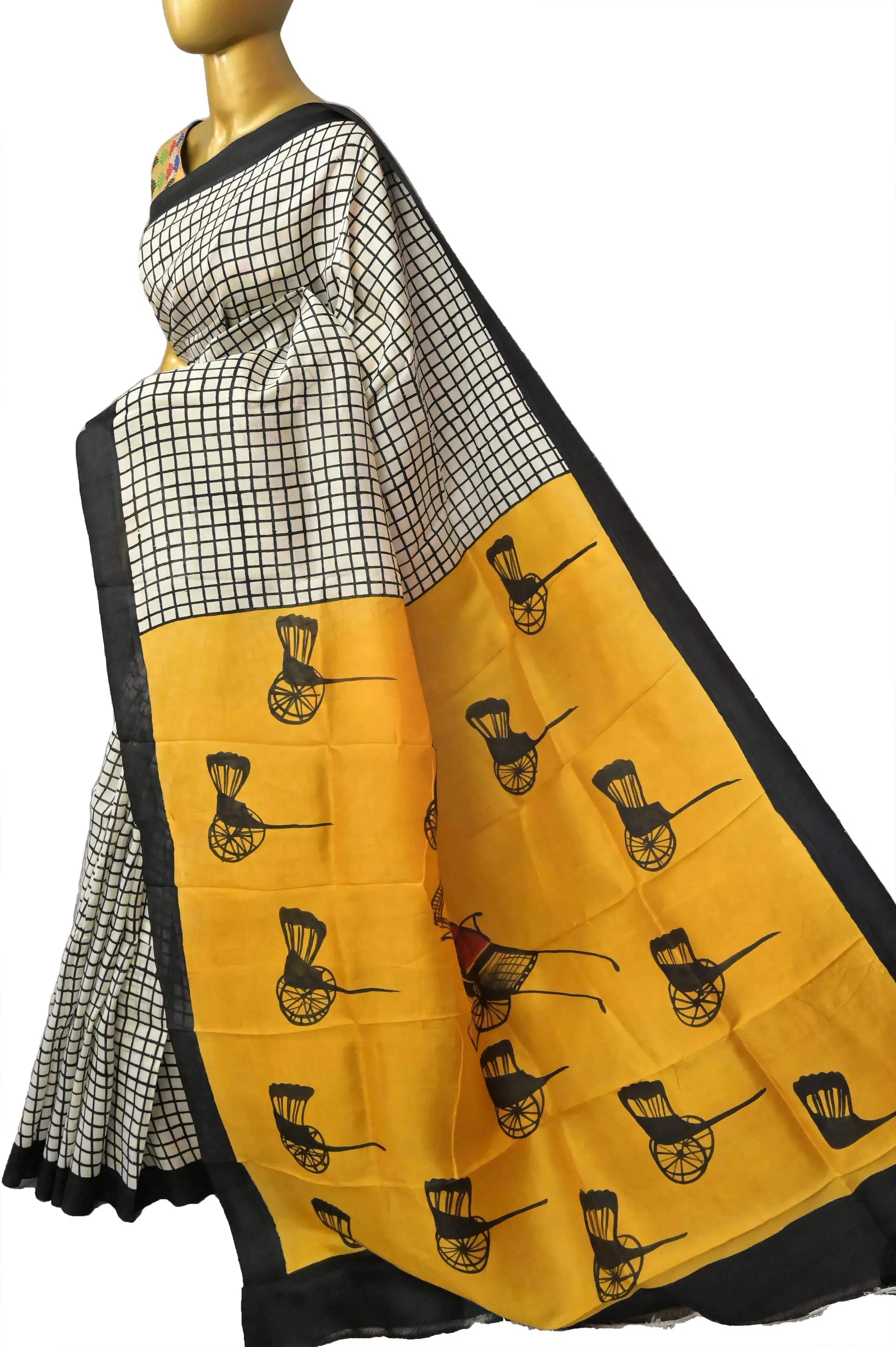 Yellow and Black Color Pure Bishnupur Silk with Hand Block Print