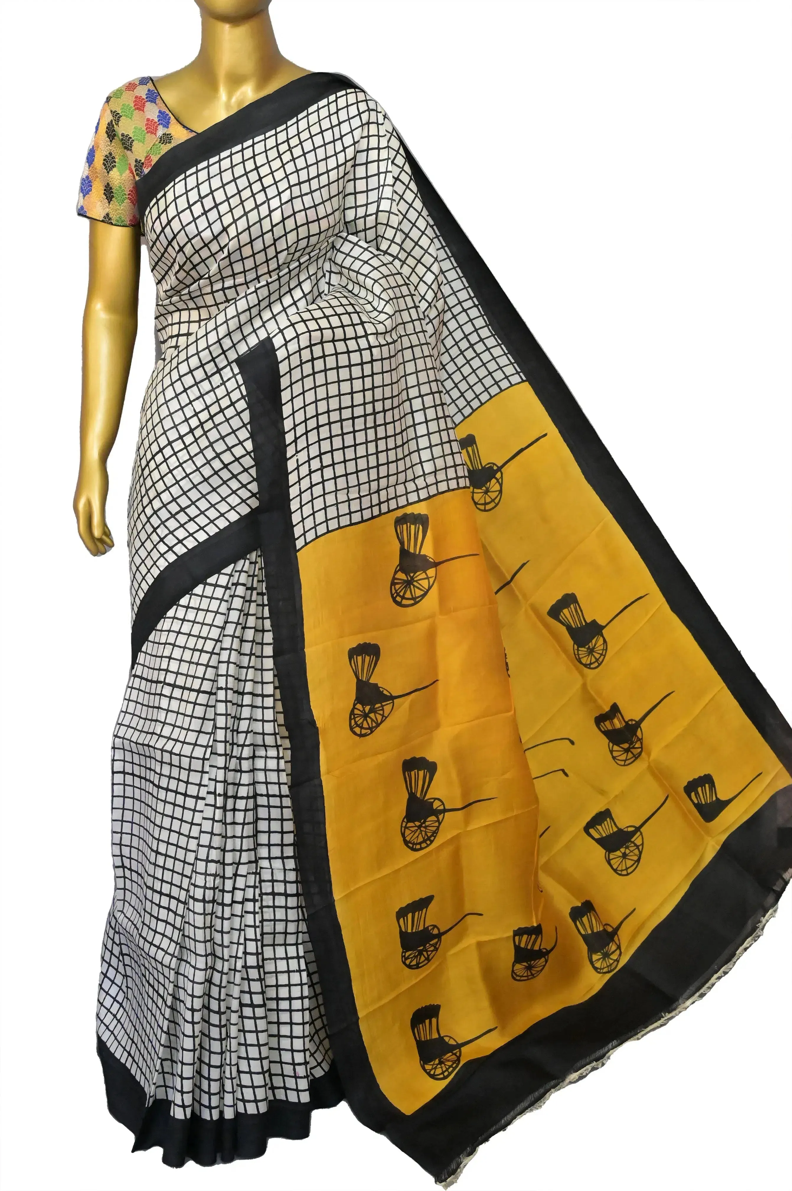 Yellow and Black Color Pure Bishnupur Silk with Hand Block Print