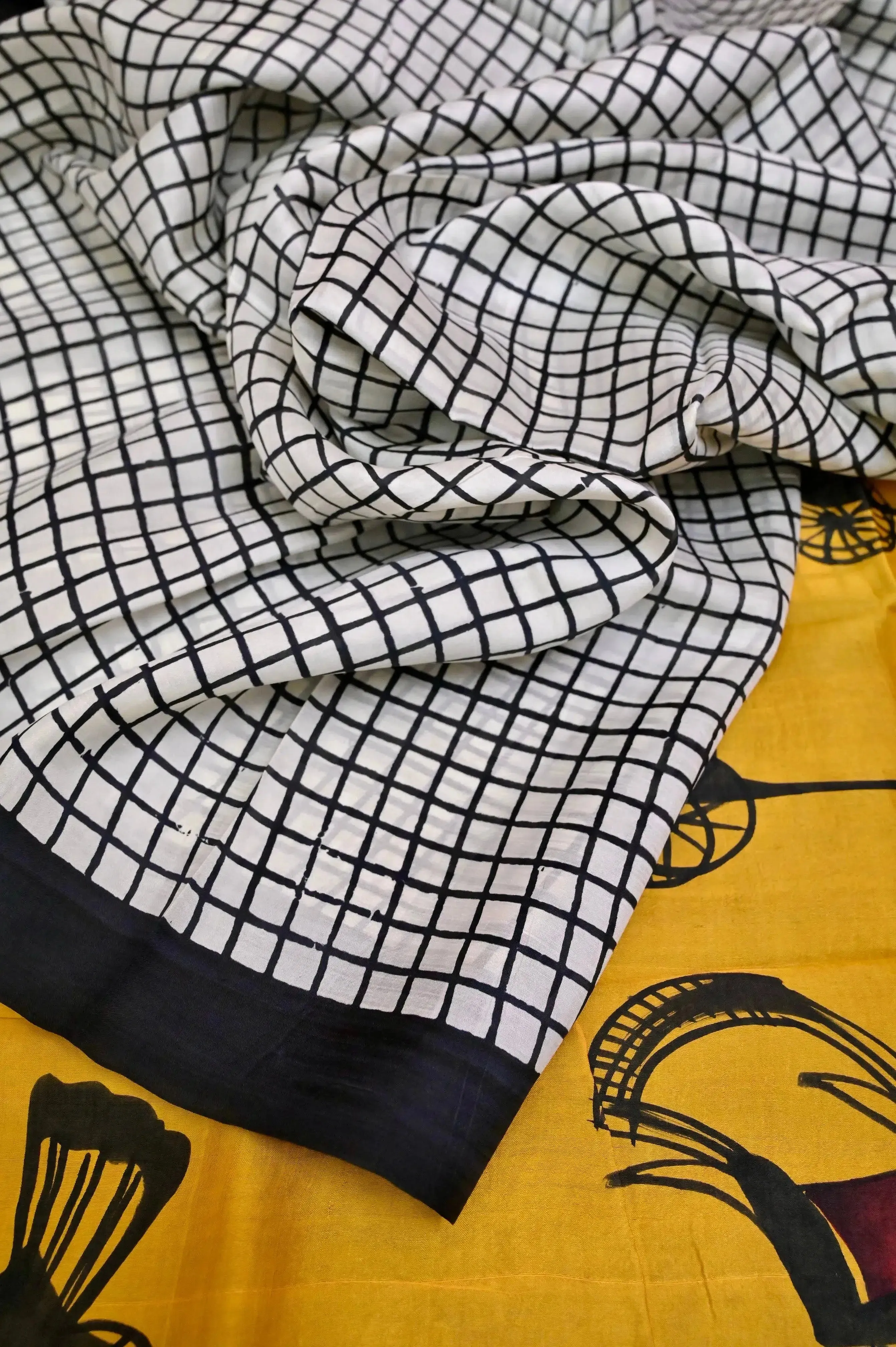 Yellow and Black Color Pure Bishnupur Silk with Hand Block Print