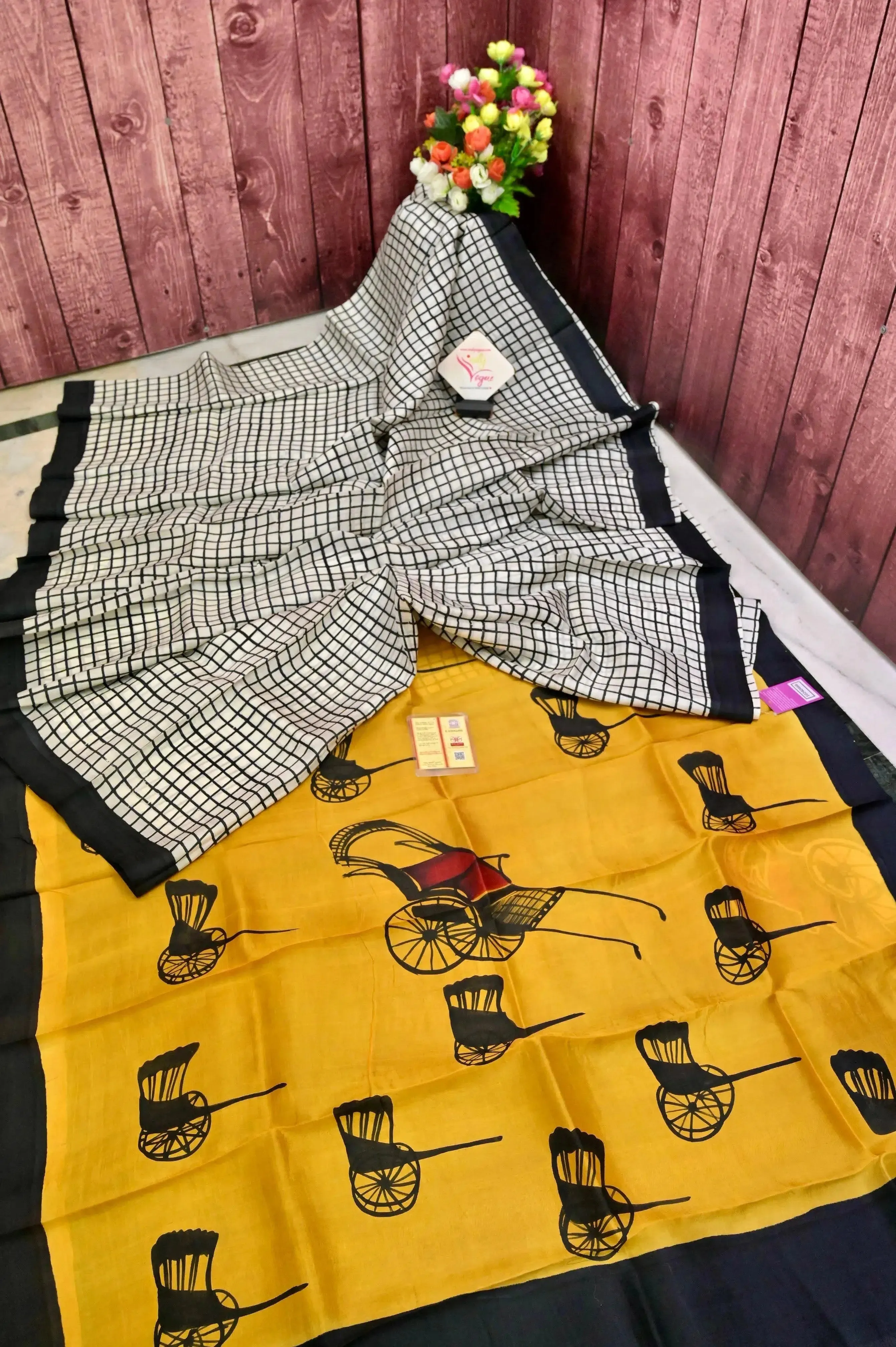 Yellow and Black Color Pure Bishnupur Silk with Hand Block Print