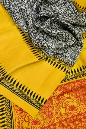 Yellow and Multicolor Bishnupur Silk Saree with Script Block Print