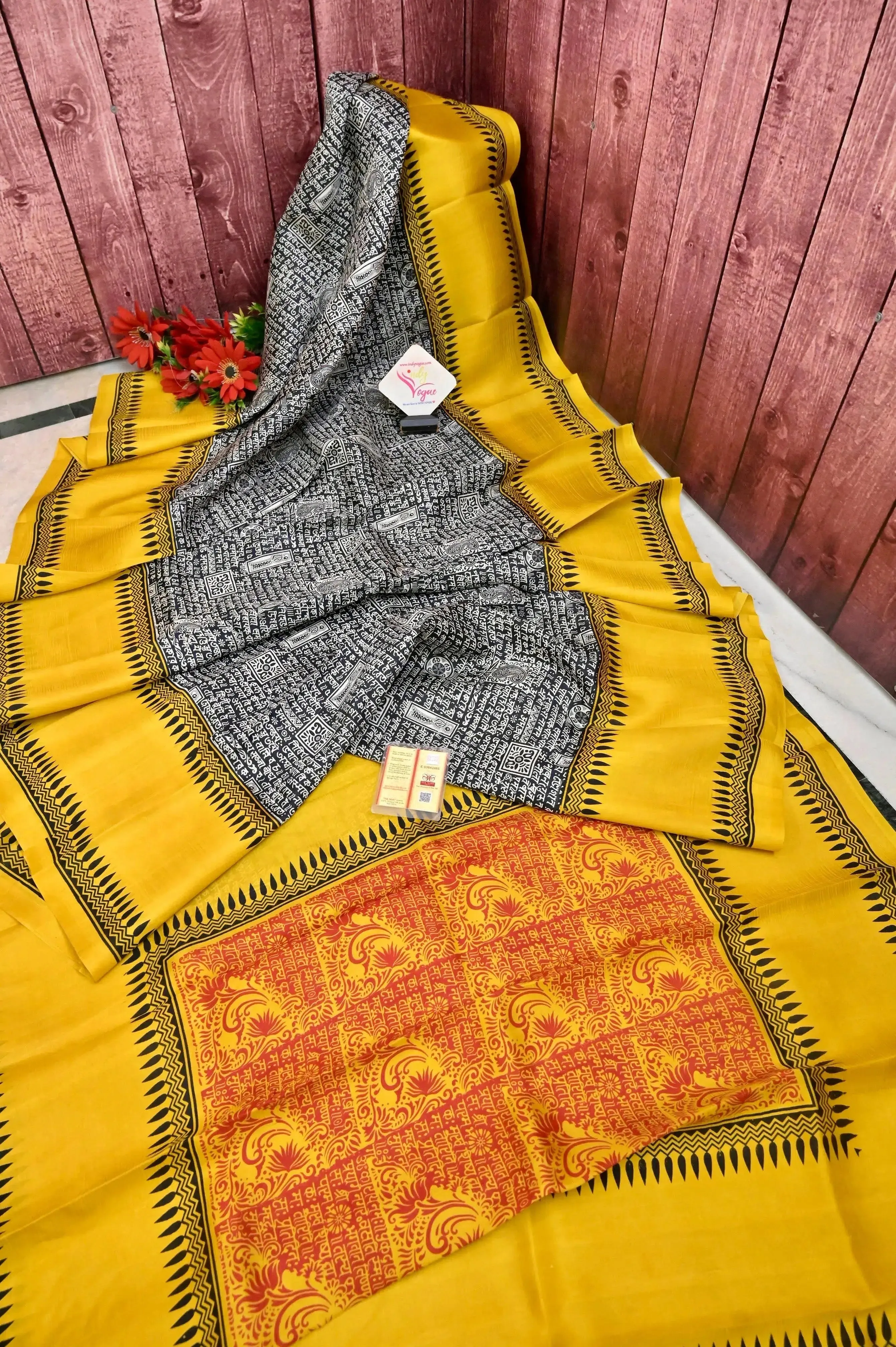 Yellow and Multicolor Bishnupur Silk Saree with Script Block Print