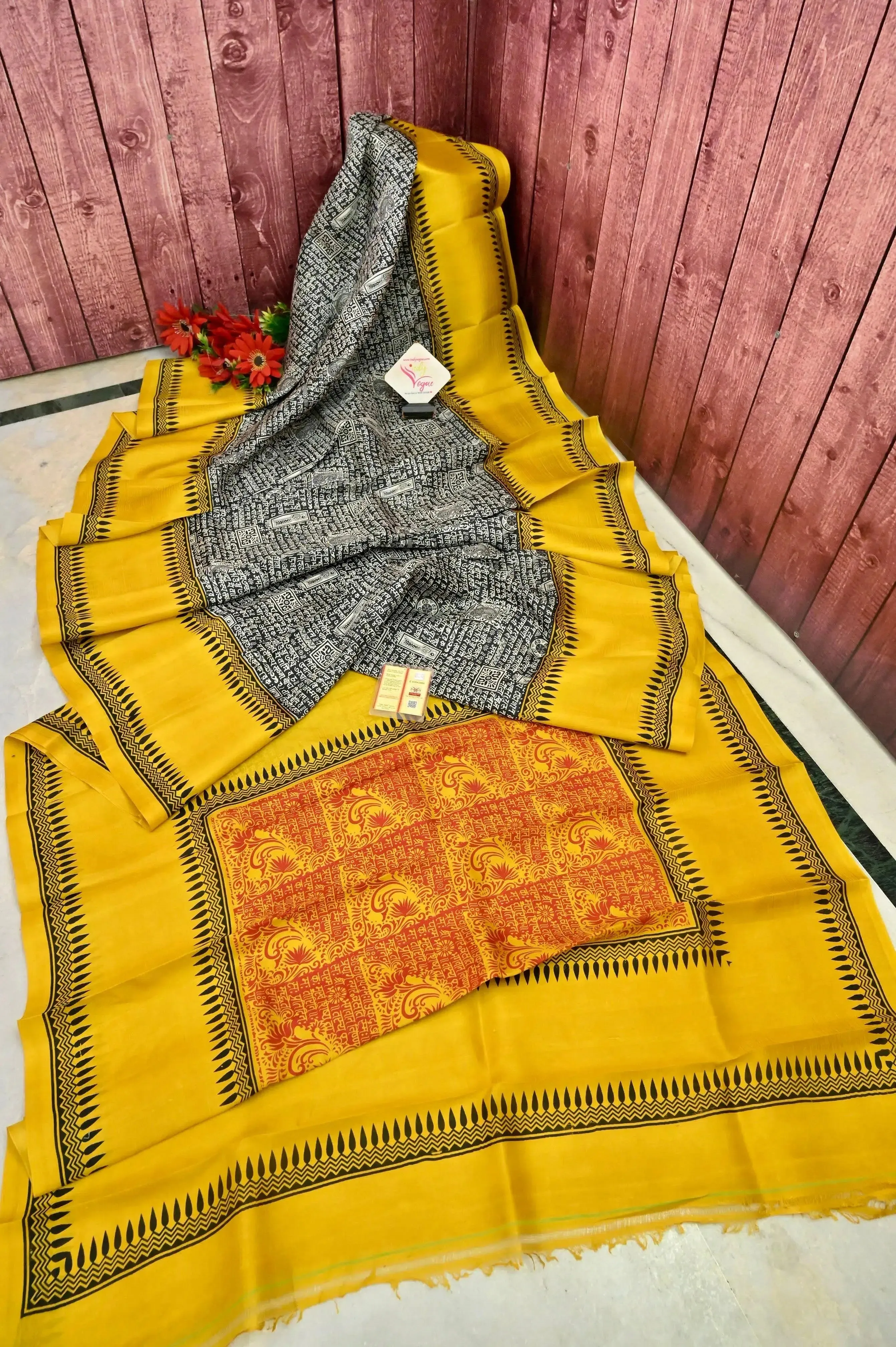 Yellow and Multicolor Bishnupur Silk Saree with Script Block Print