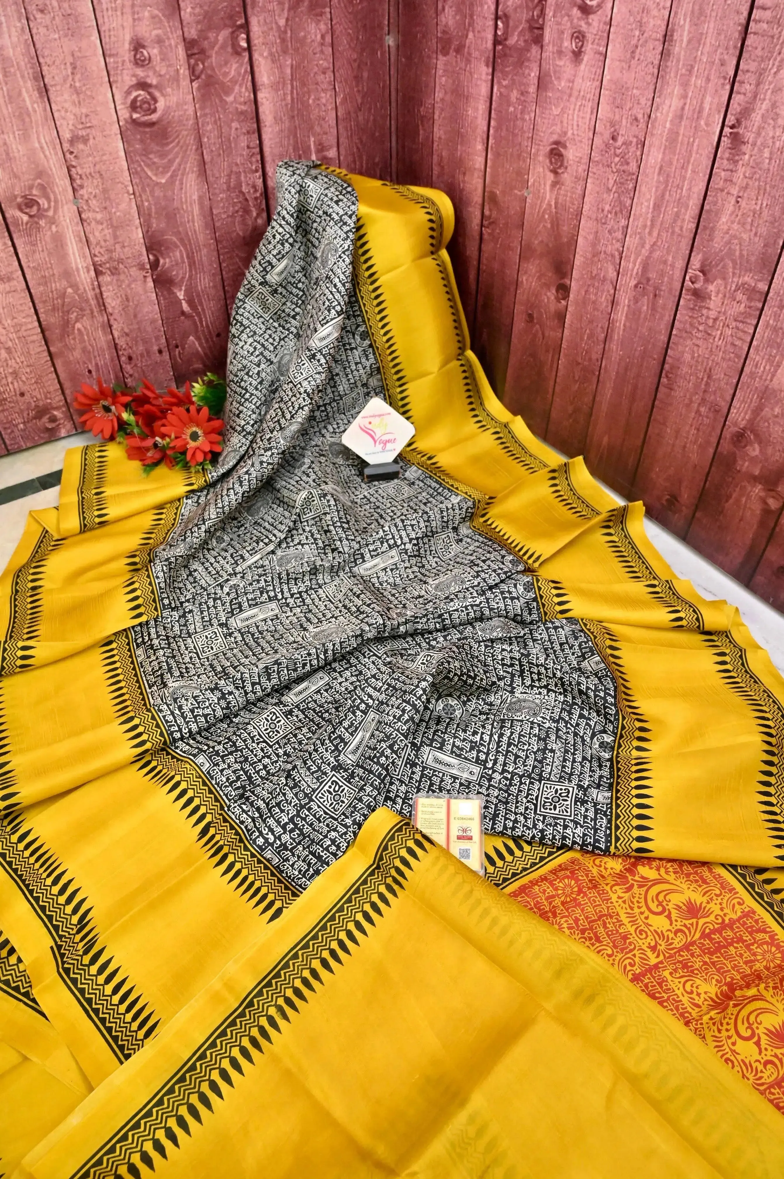 Yellow and Multicolor Bishnupur Silk Saree with Script Block Print